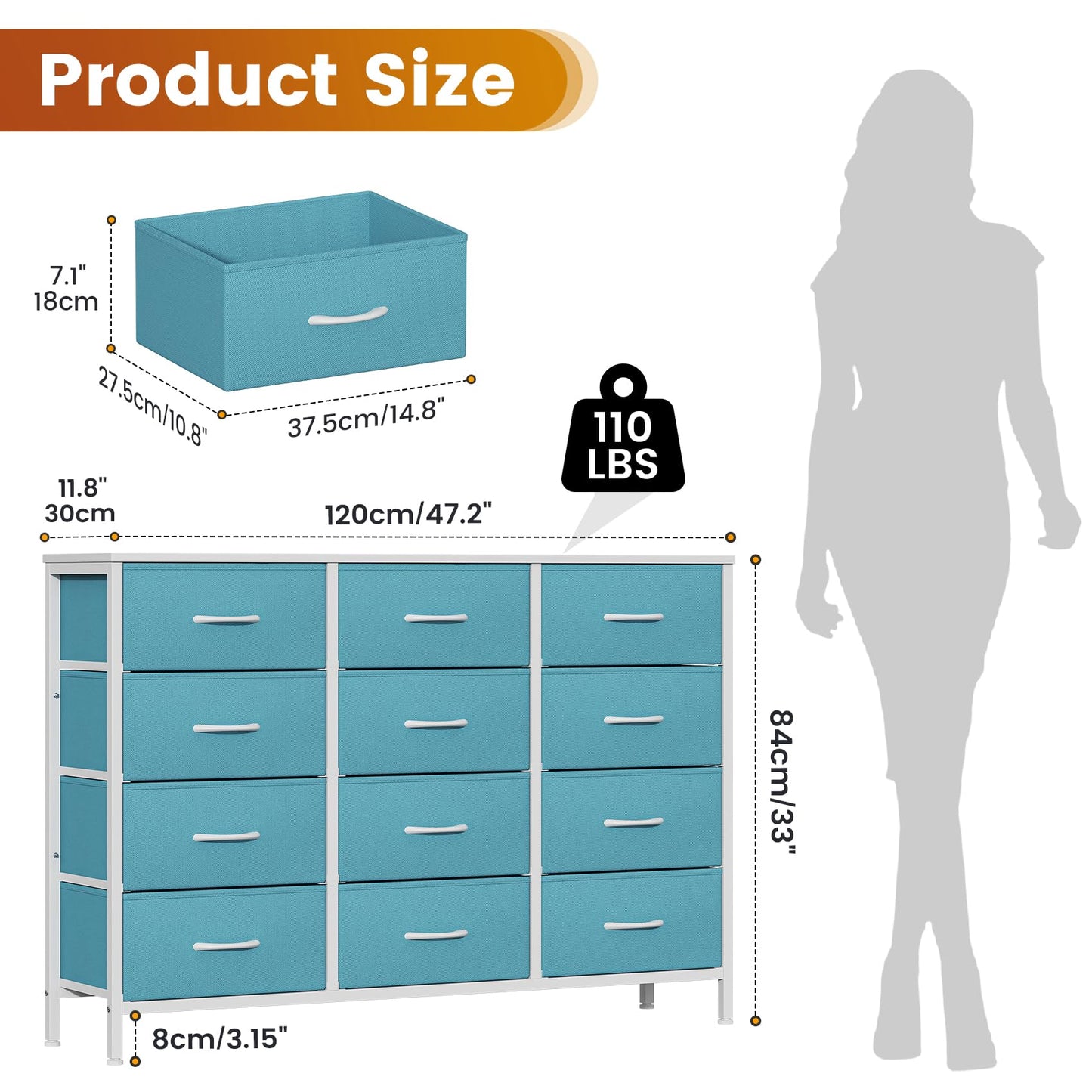 GoaHi Chest of Drawers with 12 Drawers,Bedroom Drawers, Fabric Dresser with Wood Top,Drawer Storage Unit for Bedroom, Living room,Blue