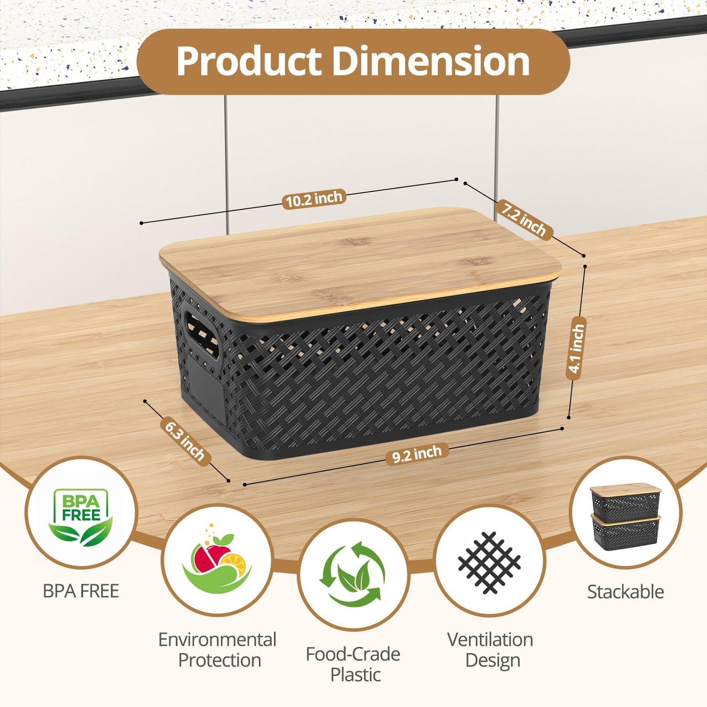 HapiLeap Plastic Storage Baskets With Bamboo Lid, Stackable Plastic Storage Boxes for Organizing Pantry Shelves Drawers Desktop Closet Playroom