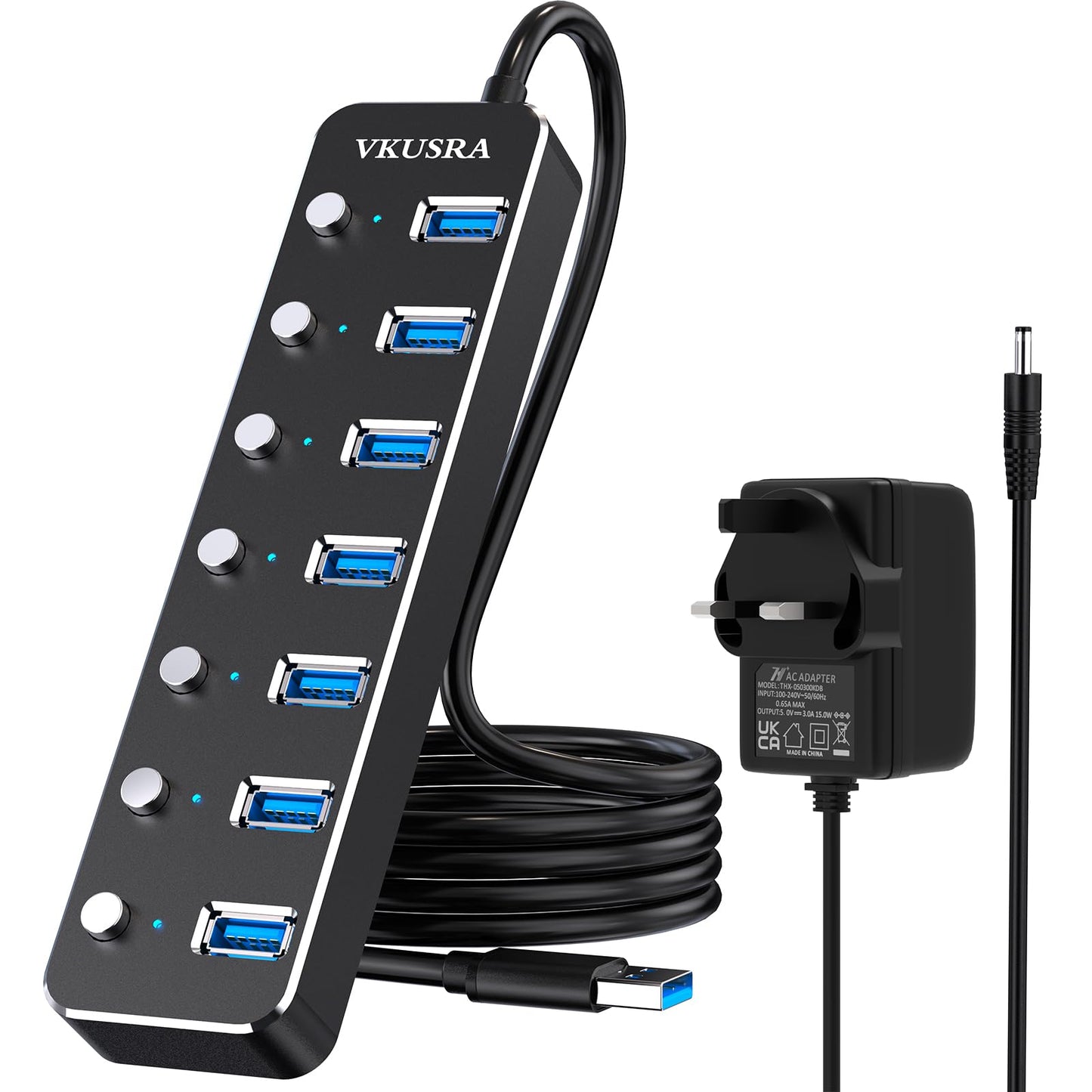 USB 3.0 Hub Powered, VKUSRA Aluminum 7 USB Port SuperSpeed USB Data Hub with 5V3A Power Adapter and Individual On/Off Switch for Surface Pro, Windows,