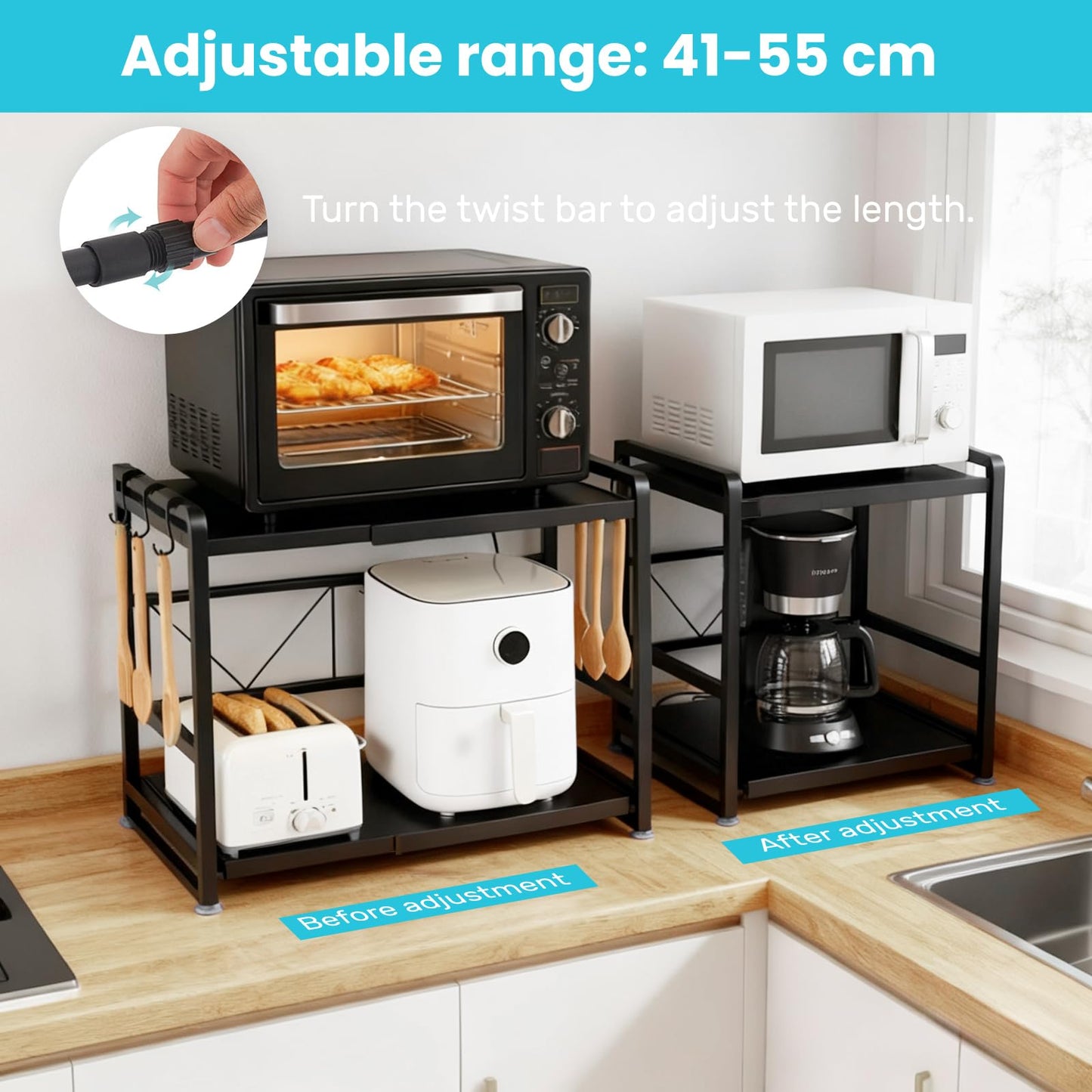 SnagShill 2-Tier Microwave Rack - Height Adjustable & Extendable Kitchen Shelf with Drawer - Includes Hooks & Reinforcement Suction Cups
