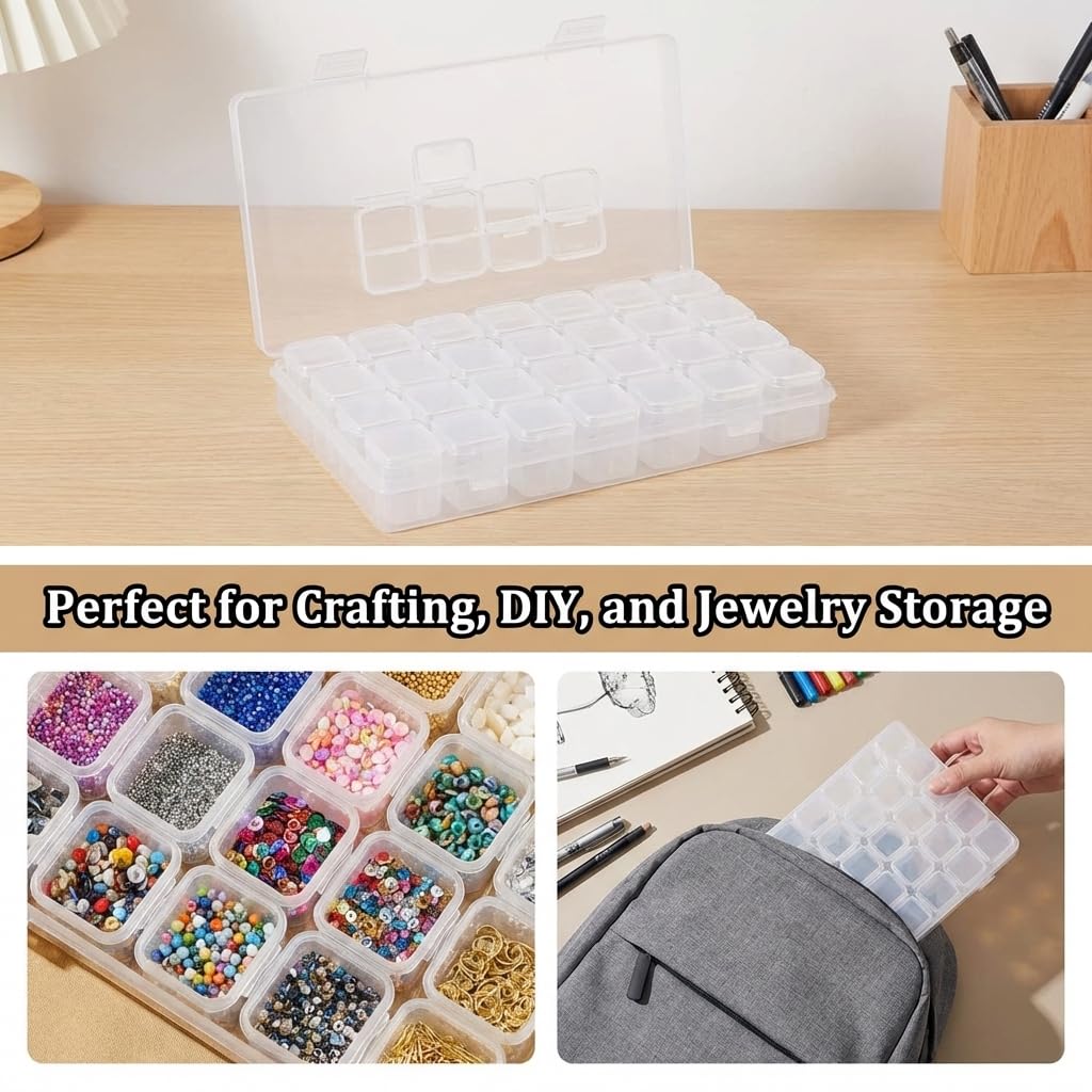 Autotide 2 Pcs Diamond Painting Storage Box, 28 Grids Diamond Art Storage Case Clear Bead Storage Organiser Plastic Diamond Art Case for Beads