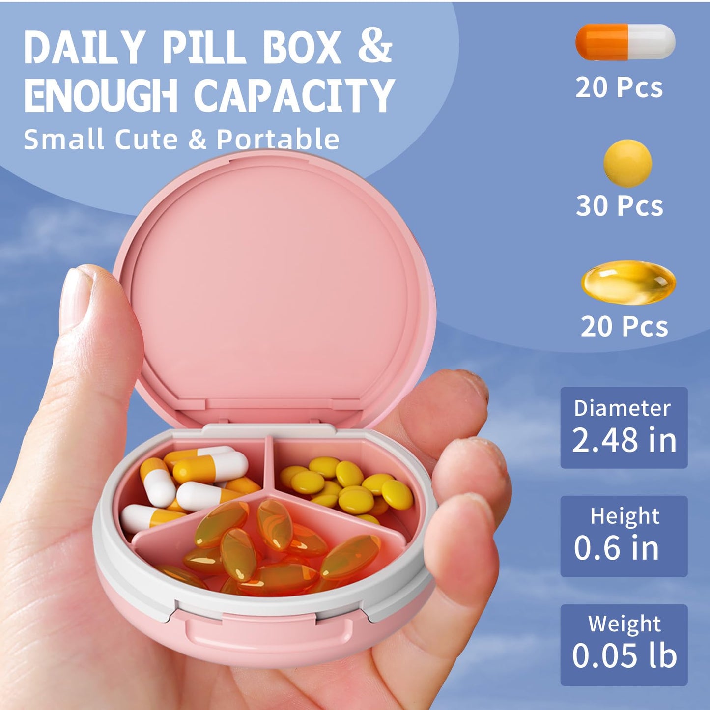 Serfeymi 3 Compartment Waterproof Cute Small Pill Box for Purse & Pocket,Travel Portable and Multifunctional Pill Case Holder for Vitamins,Fish