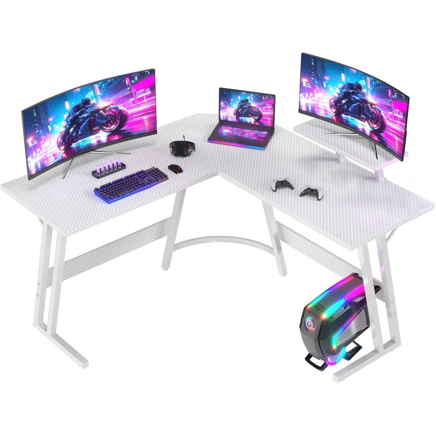 JUMMICO L Shaped Gaming Desk with Large Monitor Stand 120x120x75cm,Corner Desk for Home Office Study Writing Workstation, White