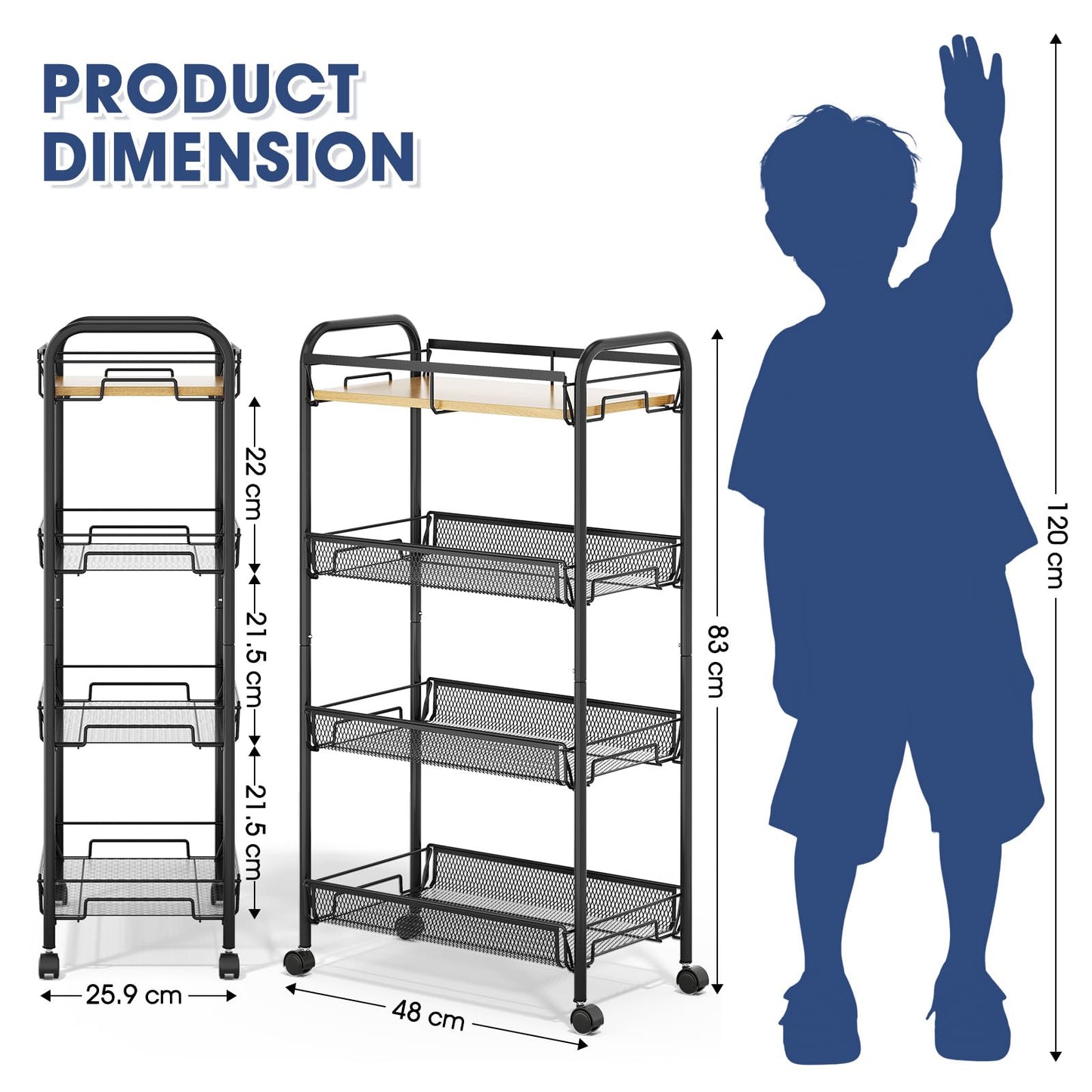 KINGRACK 4-Tier Rolling Cart with Wooden Tabletop & Mesh Baskets, Slide Out Metal Utility Cart