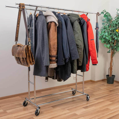 Tatkraft Denver - Heavy Duty Double Clothes Rail on Wheels, Holds Up to 242 Lbs 110 Kg, SET UP WITHIN 1 MINUTE, Chromed steel