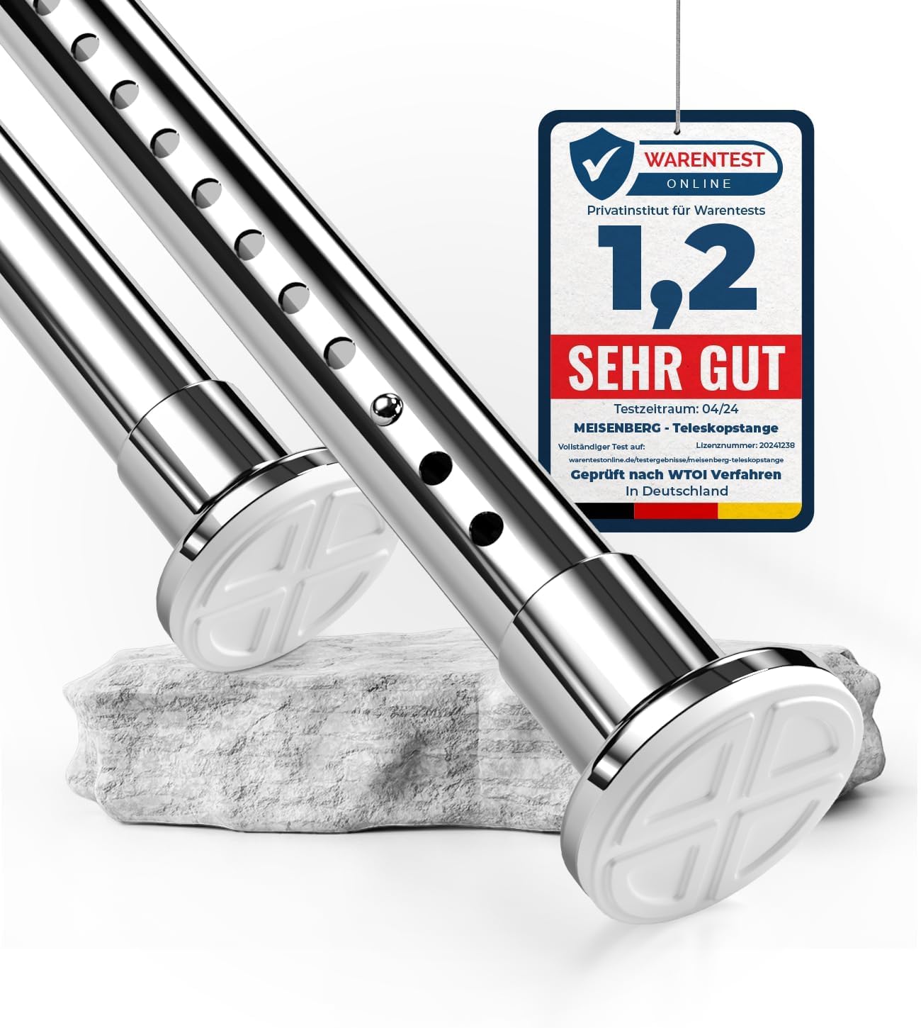 MEISENBERG Shower Curtain Pole Stainless Steel Silver, Tension Rods for Curtains 260-310 cm - Ø 32 mm Diameter, Heavy Duty Tension Pole Adjustable