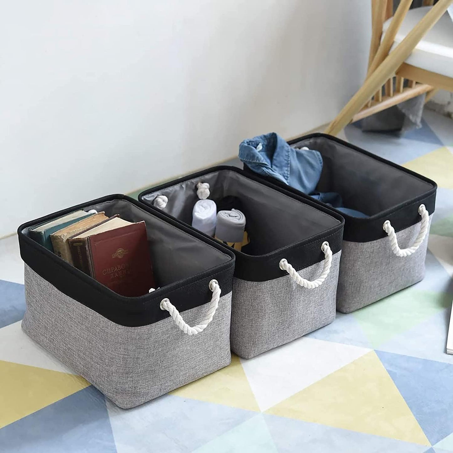 TheWarmHome Collapsible Storage Bin for Shelves - 16x12x8 inch Large 3 Pack Storage Basket for Organizing with Rope