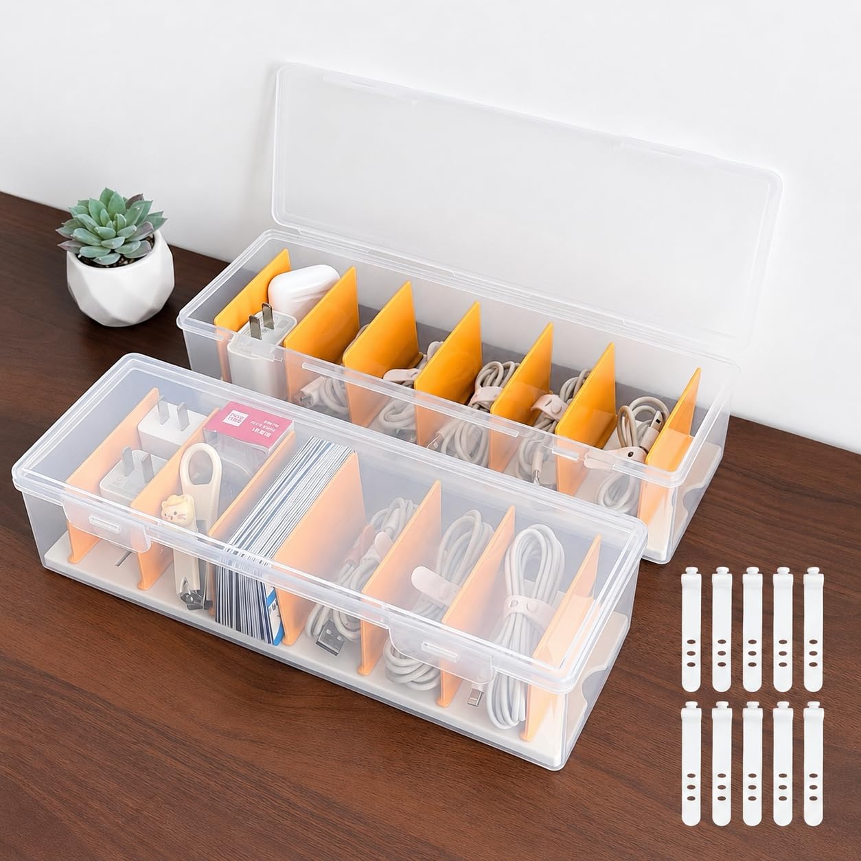 SKNC 2 Pcs Cable Storage Box with Lid, Cable Management Box with 7 Adjustable Compartments Data Tidy and 10 Cable Ties Reusable,Transparent
