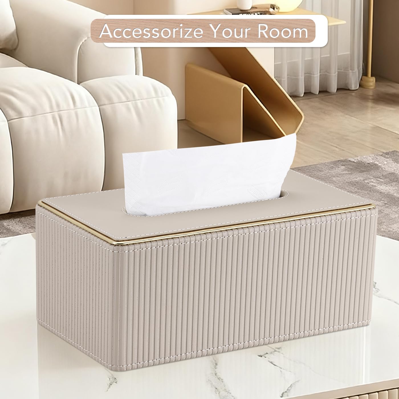 GORESE Tissue Box Holder,Rectangular Tissue Box Cover PU Leather Facial Tissue Dispenser Napkin Holder for Home, Office,Car Decoration(Beige)