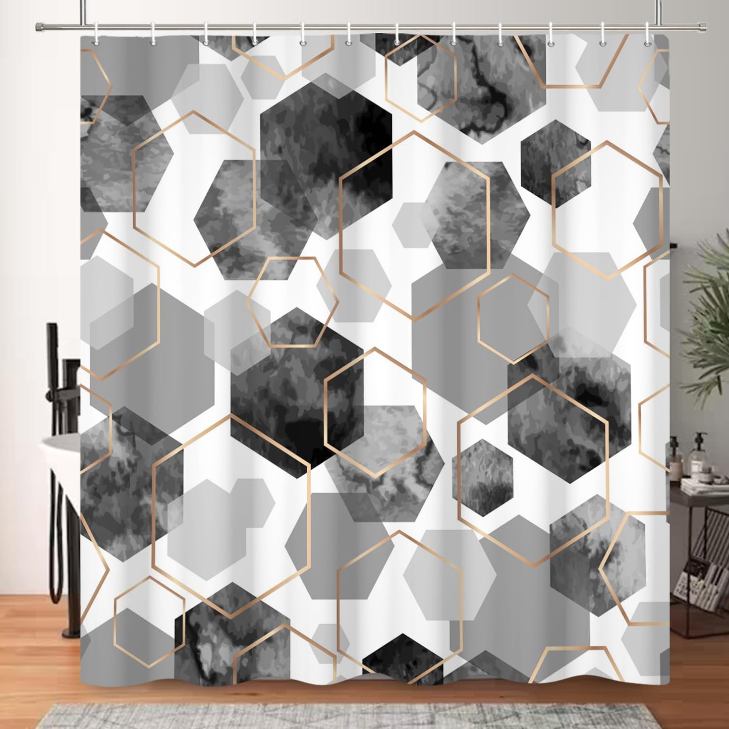 ASDCXZ Gray Duschvorhang 180x200 cm, Modern Abstract Art Geometric Gray Gold Hexagon Pattern Waterproof Bath Curtain Polyester Textile Washable