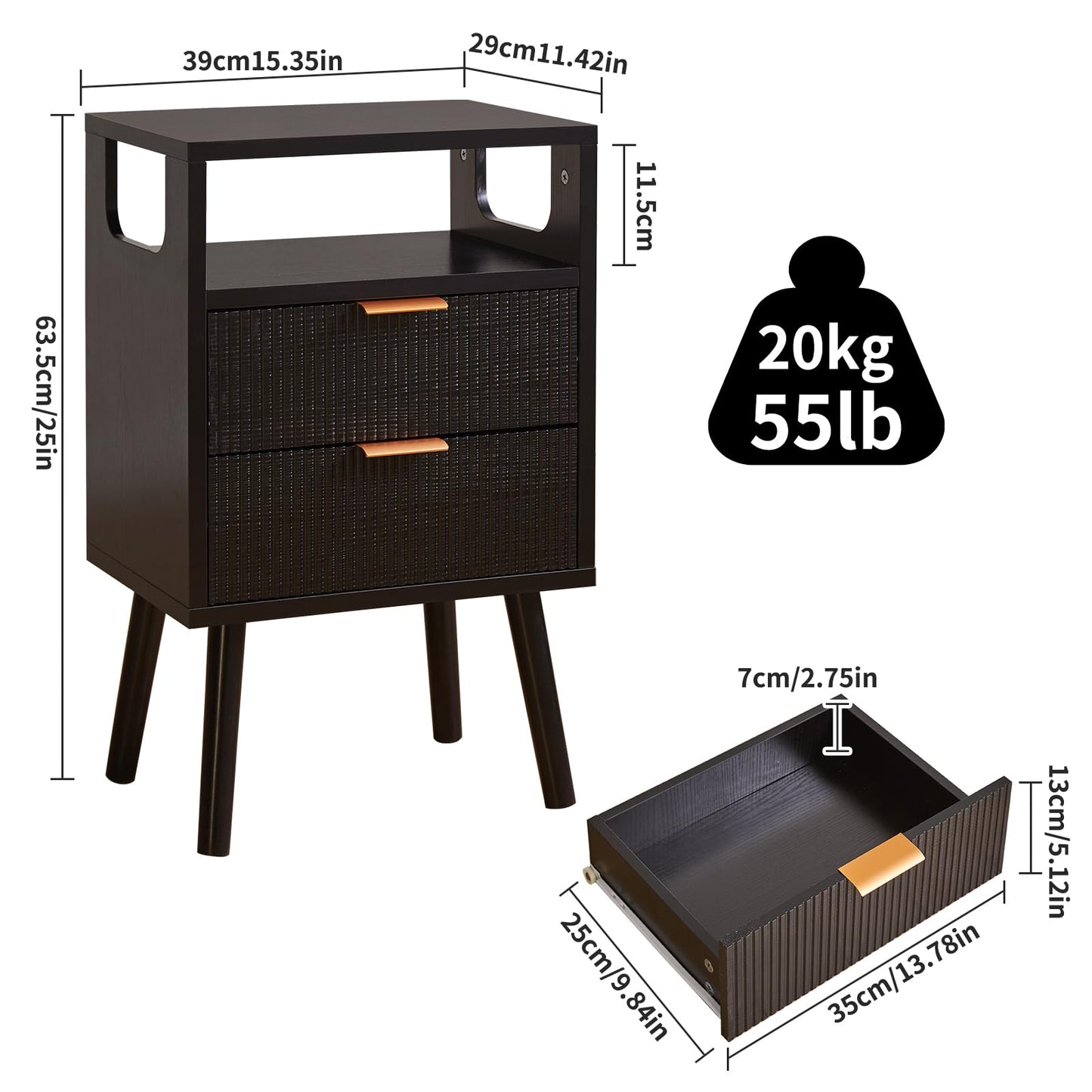 Aibiju Nightstand, Mid Century Modern Bedside Table with 2 Storage Drawers, Open Compartment, Solid Wood Legs, 3-Tier Night Table for Bedrooms