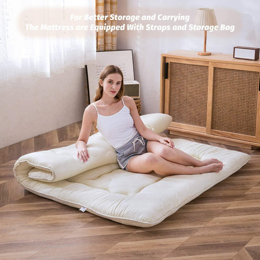 MAXYOYO Japanese Floor Futon Mattress, Thicken Tatami Sleeping Pad Foldable Roll Up Dormitory Mat Pad Floor Lounger Pillow Bed Off-White, King