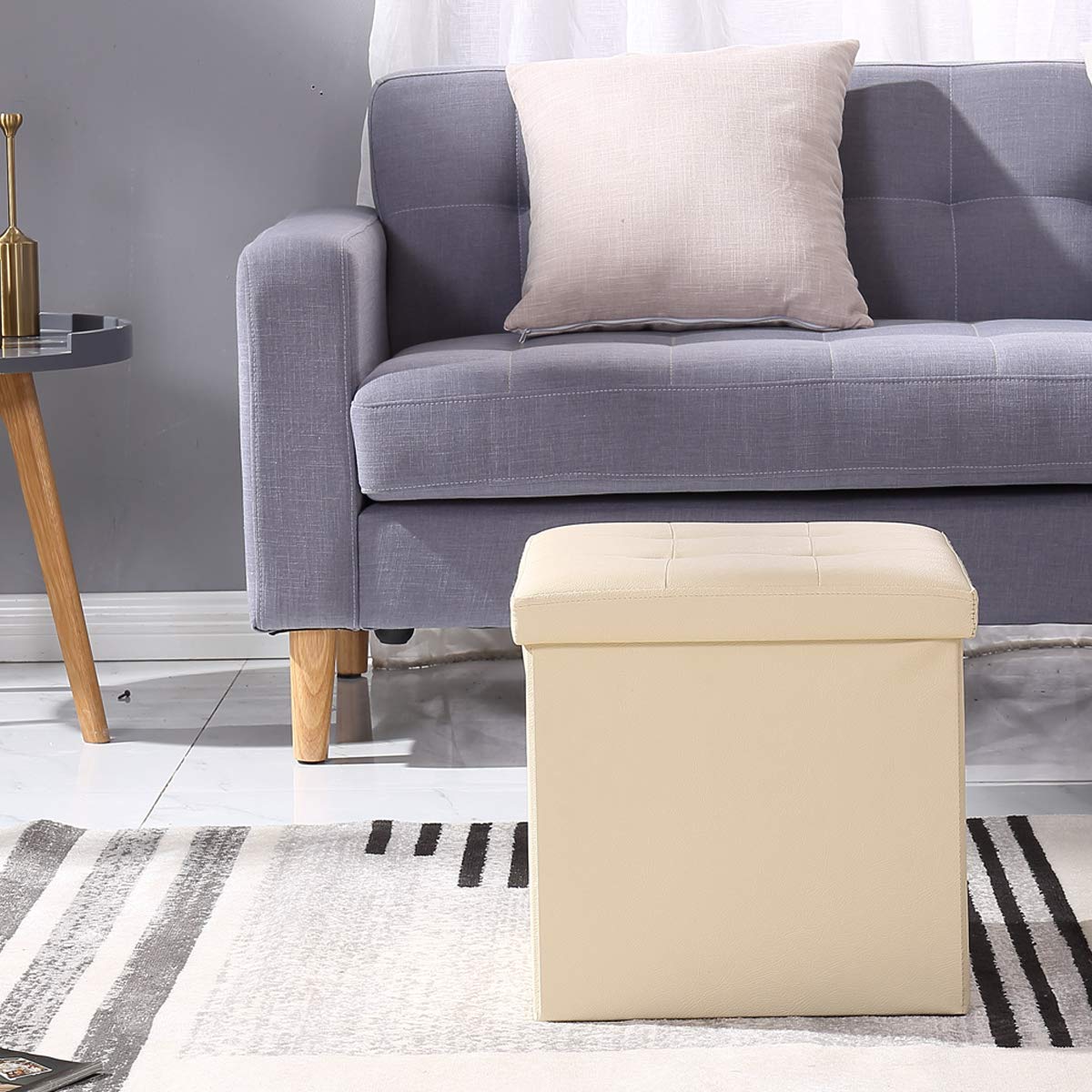 BRIAN & DANY Folding Ottoman Storage Box with Lid, Faux Leather Footstool Toy Storage Box Storage Seat 38 x 38 x 38 cm (Beige)