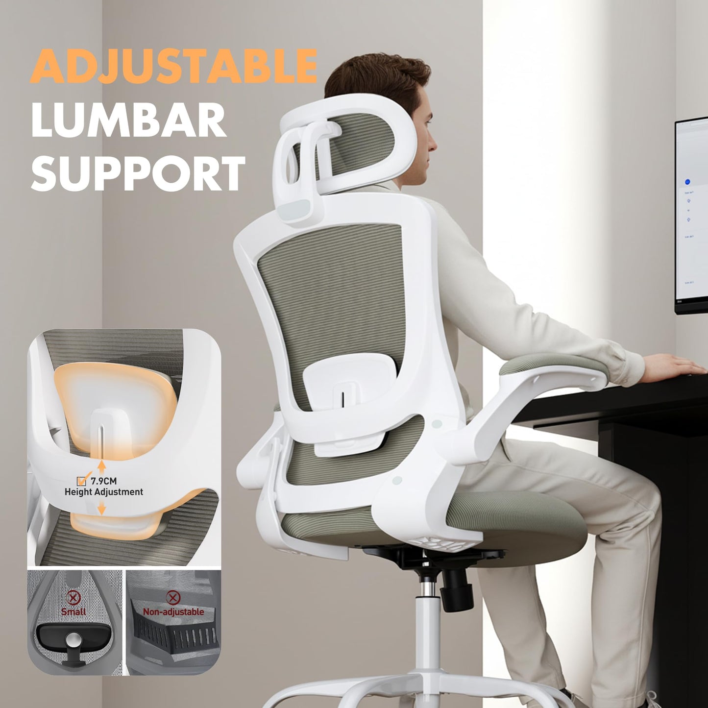 COLAMY Ergonomic Office Chair with Lumbar Support, Mesh Desk Chair with Adjustable Headrest, Computer Chair with Flip-up Armrest