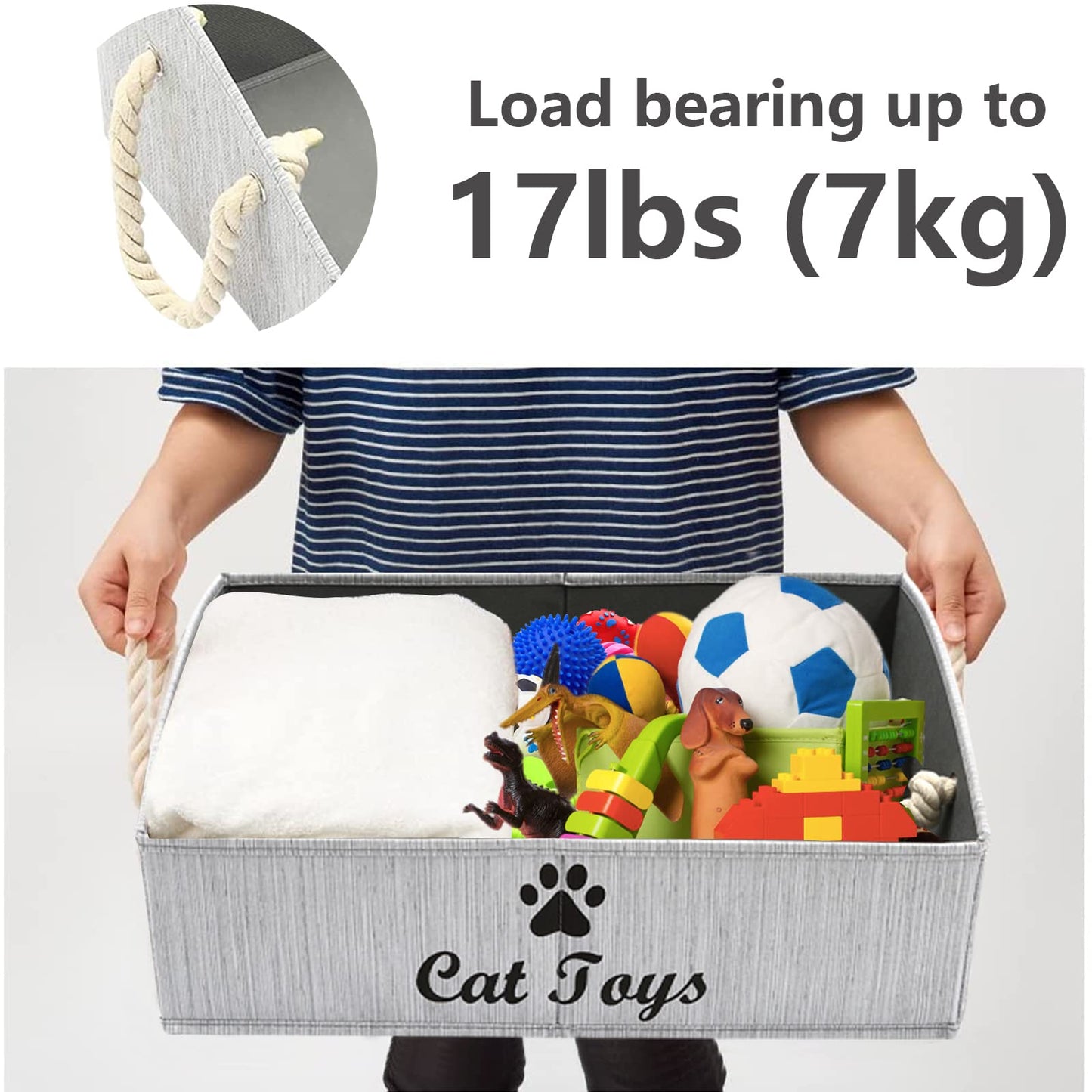 Geyecete Large CAT Toys Storage Bins - Foldable Fabric Trapezoid Organizer Boxes with Cotton Handle, Collapsible Basket for Shelves(Gray-CAT)