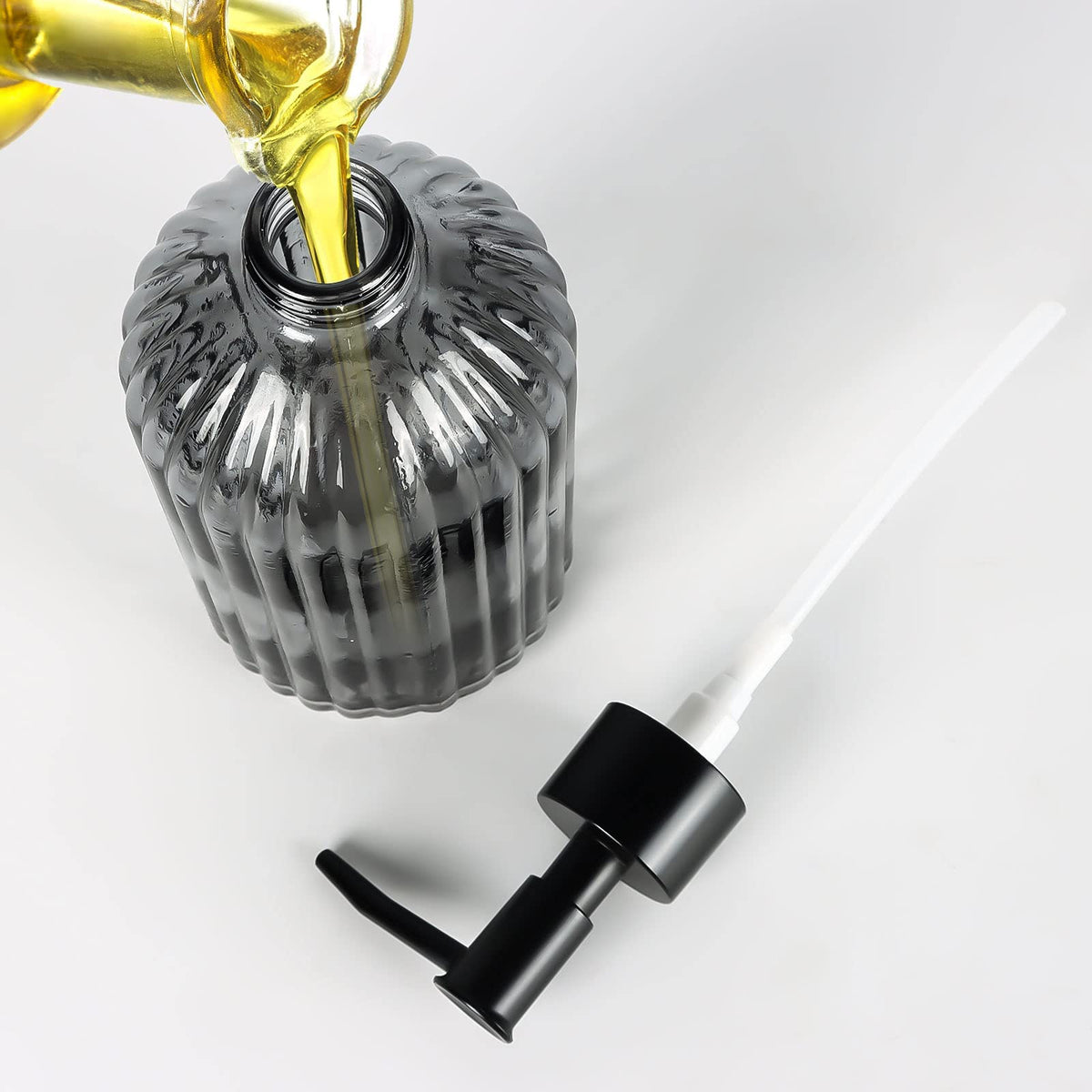 Topsky Glass Soap Dispenser with Black Plastic Rustproof Pump, 400ml Grey