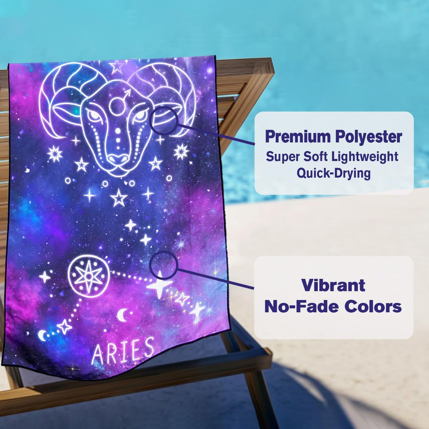 Violetpos Aries Zodiac Sign Beach Towel for Astrology Fans, Extra Large 180x90 cm 250GSM Microfibre, Sand Free Quick Dry