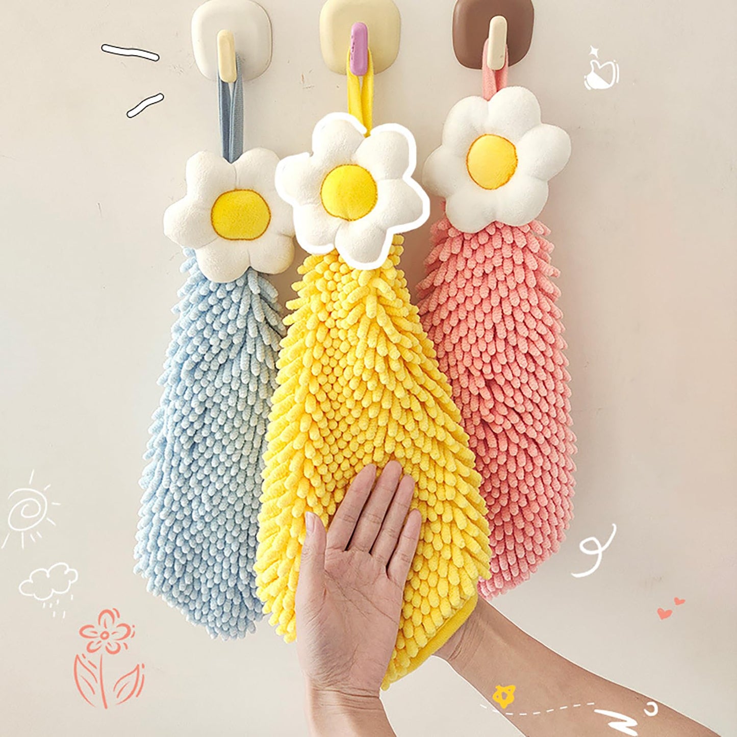 Chenille Hand Drying Towel with Hanging Loop,Daisy Design Lovely Fingertip Towel for Kids Adults