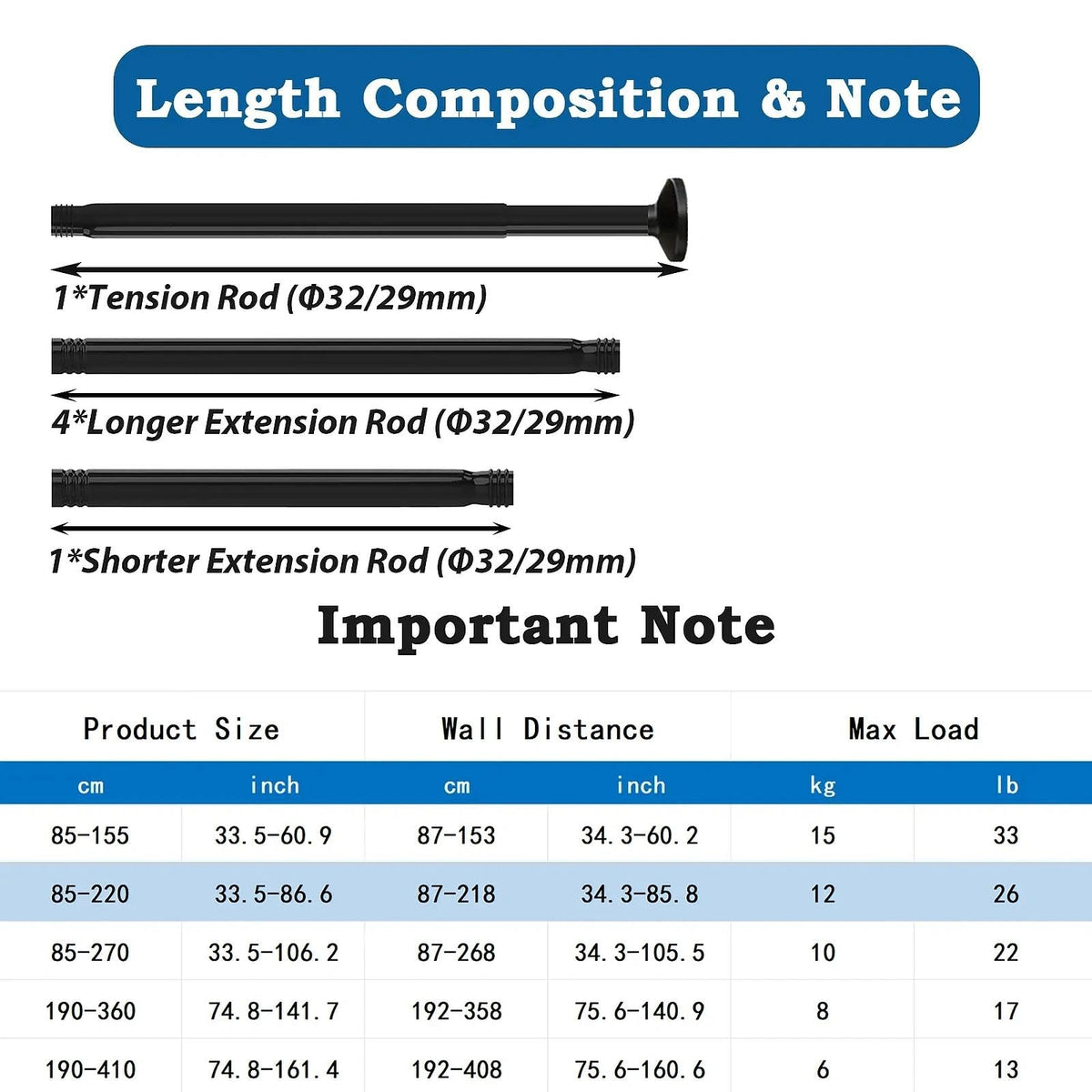 Shower Rail, No Drilling, Extendable Curtain Rod for Clamping, Telescopic Rod, Shower Curtain Rail for Bathroom, Bedroom, Black 85-220CM, Φ32 mm