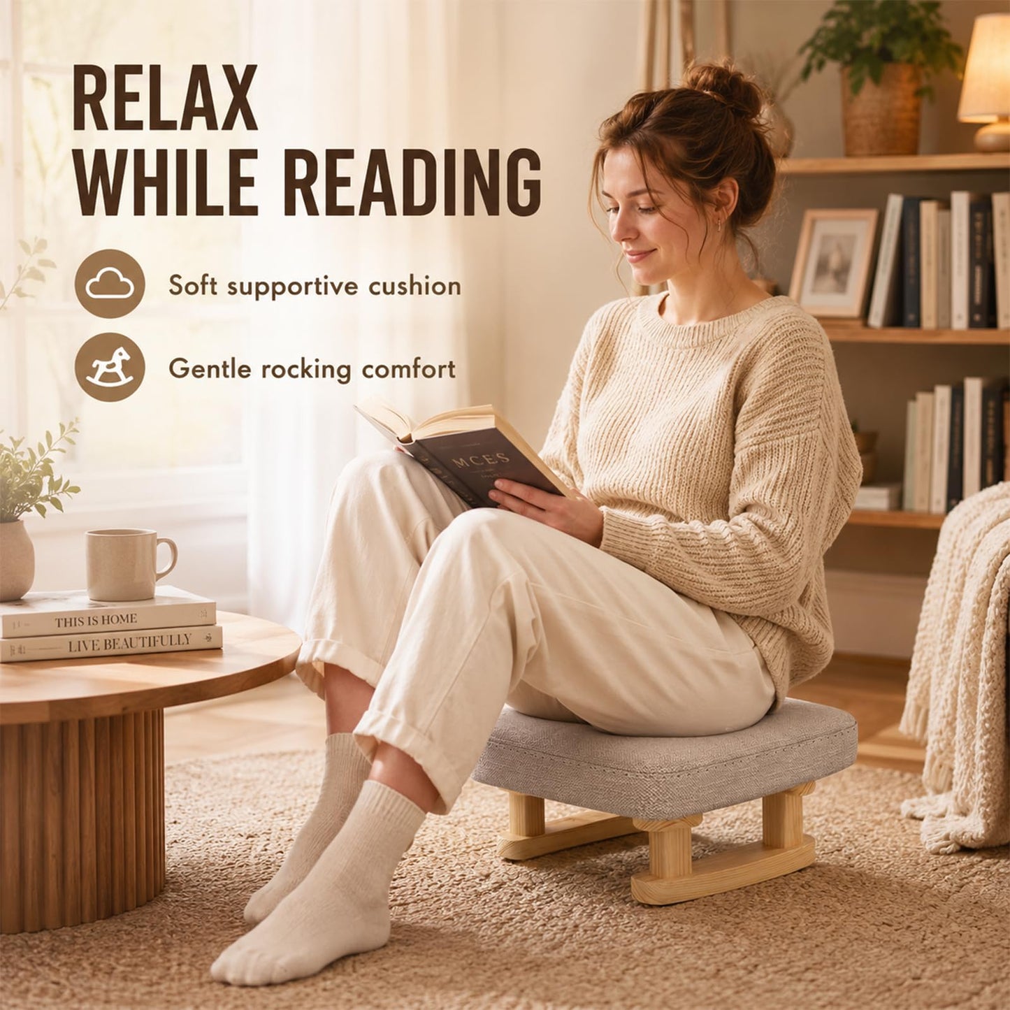 KASURE Ottoman Footstool with Wooden Legs, 41x30x18cm Pouffe Footrest with Removable Washable Cover, Solid Wood Legs Anti-Slip