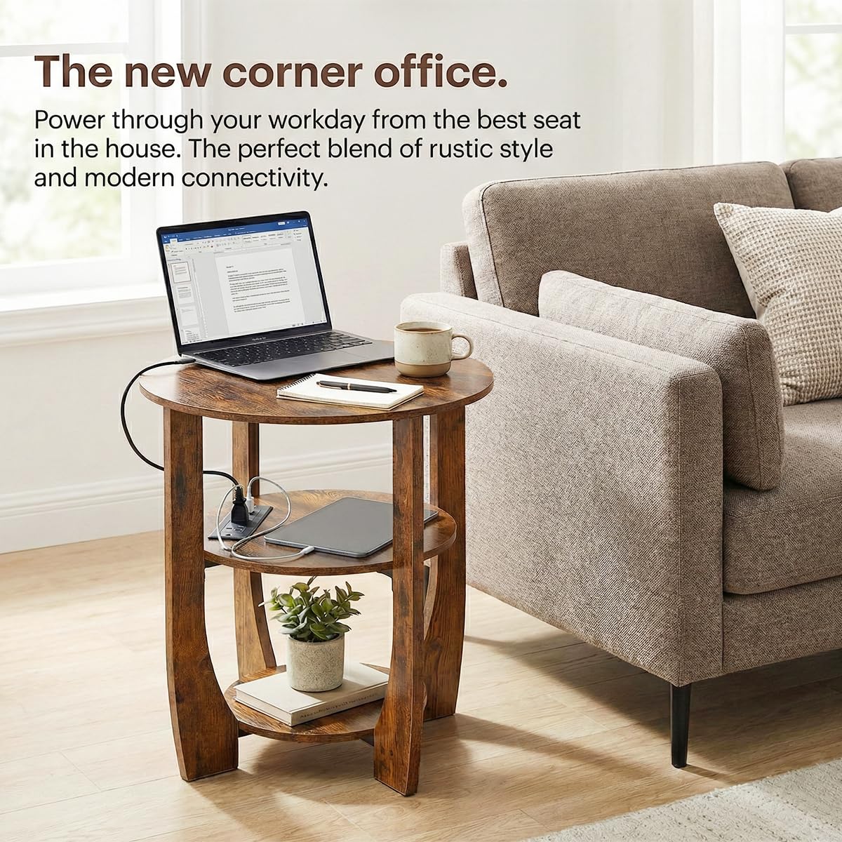 ZEXVIDA Round Side Table with Charging Station, 3 Tier End Table with USB Ports & Outlets, Nightstand for Bedroom,Living Room,Small Spaces