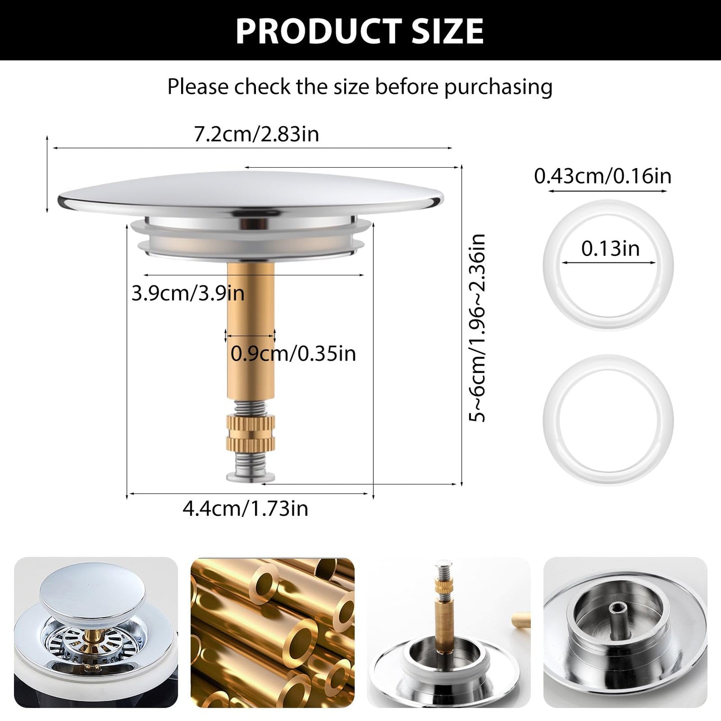 XdealCozyxc 72mm Pop up Bath Plug Replacement with 2 Pcs Sink Plug Rubber Seal, 9mm Pole Silver Adjustable Bath Tub Plug