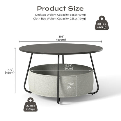 Manora Round Coffee Table Black Walnut with Storage Fabric Basket