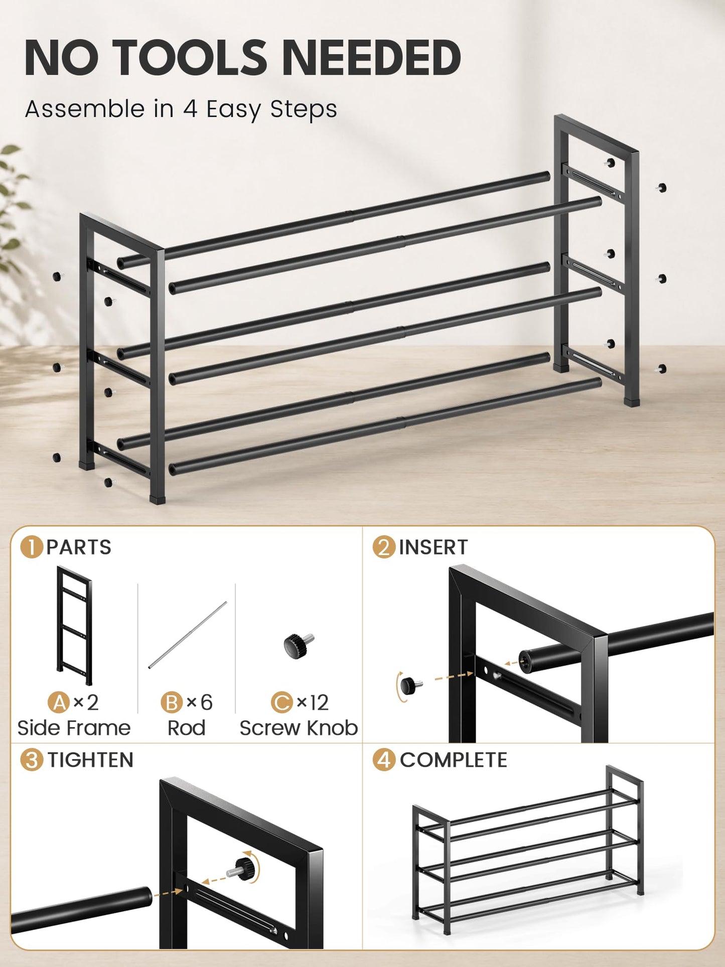 Bumusty 3 Tier Expandable Shoe Rack, Black