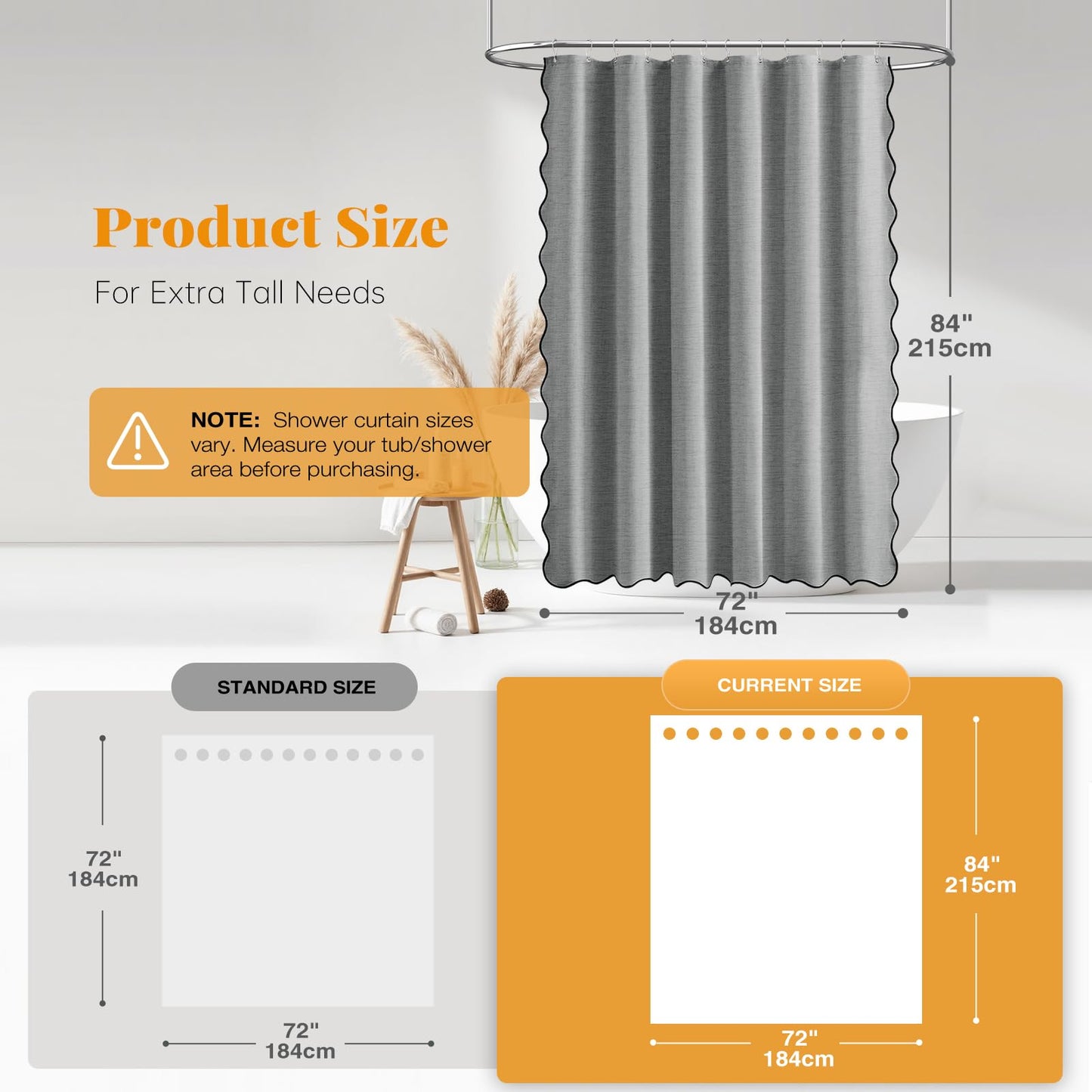 BTTN Extra Long Scalloped Shower Curtain, Waterproof, 184x215cm, Grey