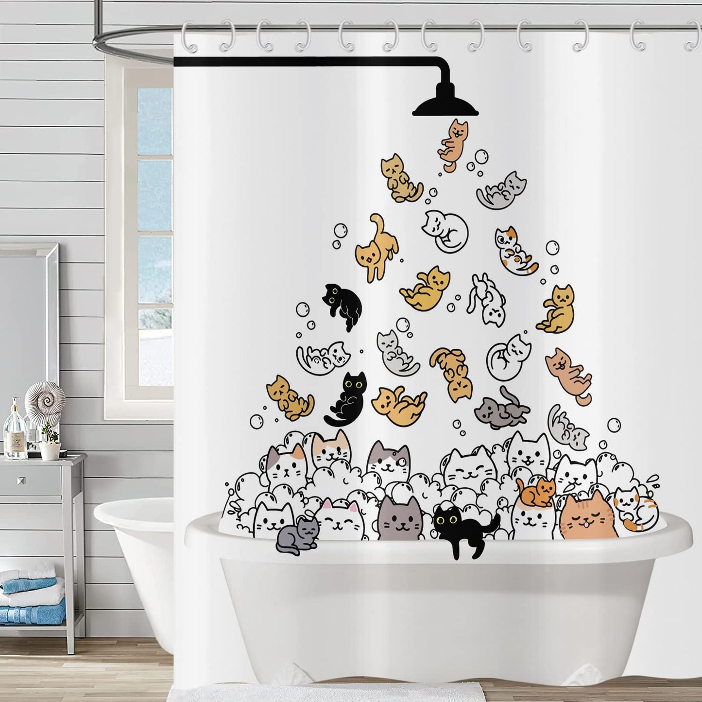 Hnmdmyi Funny Cat Shower Curtain 150x180, Kids Cartoon Animal Kitten Colorful Lovely Hilarious Pets Bathroom Curtains with Hooks Waterproof Polyester