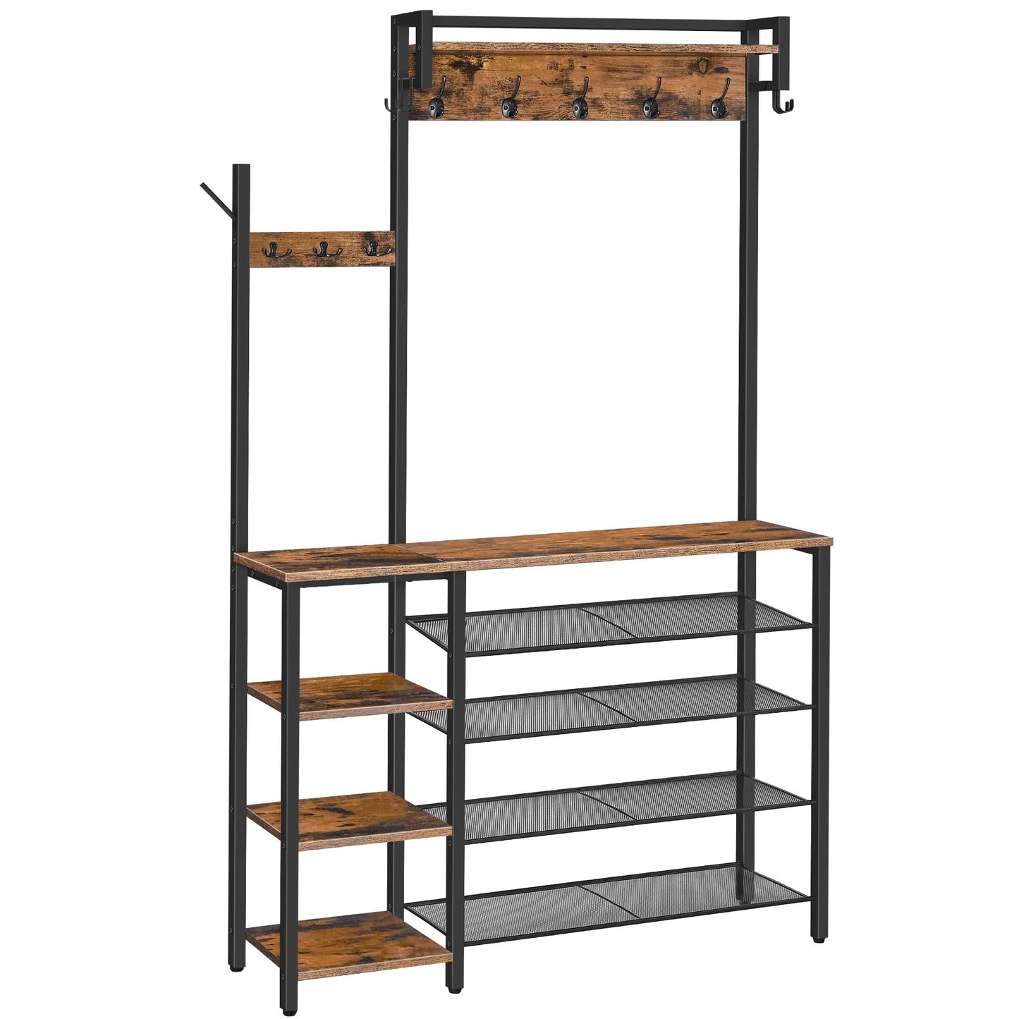HOOBRO Coat Stand, Coat Rack with Shoe Storage, Hallway Coat and Shoe Rack, Hall Tree with 4 Side Storage Shelves and 9 Coat Hooks, for Entryway