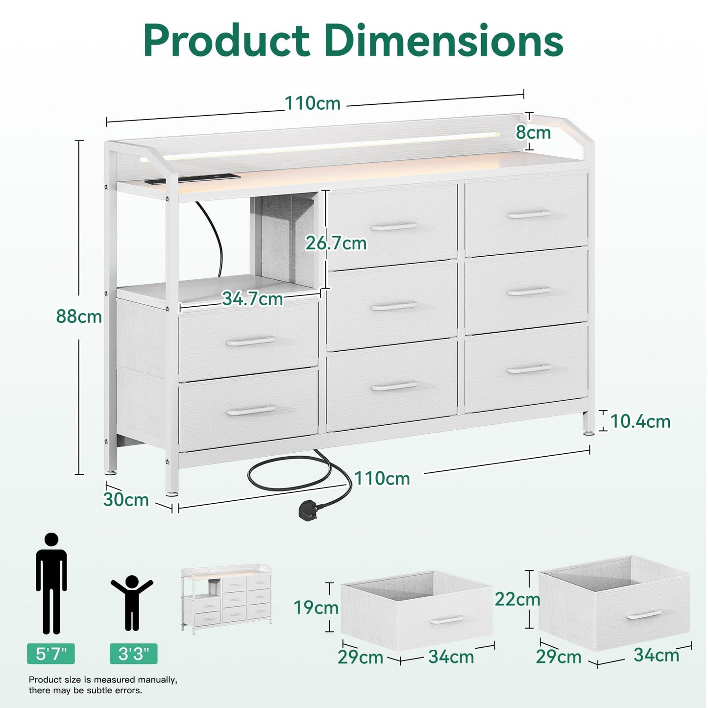 ODK Chest of Drawers Bedroom, 8 Fabric Drawers, 110x30x88cm, White