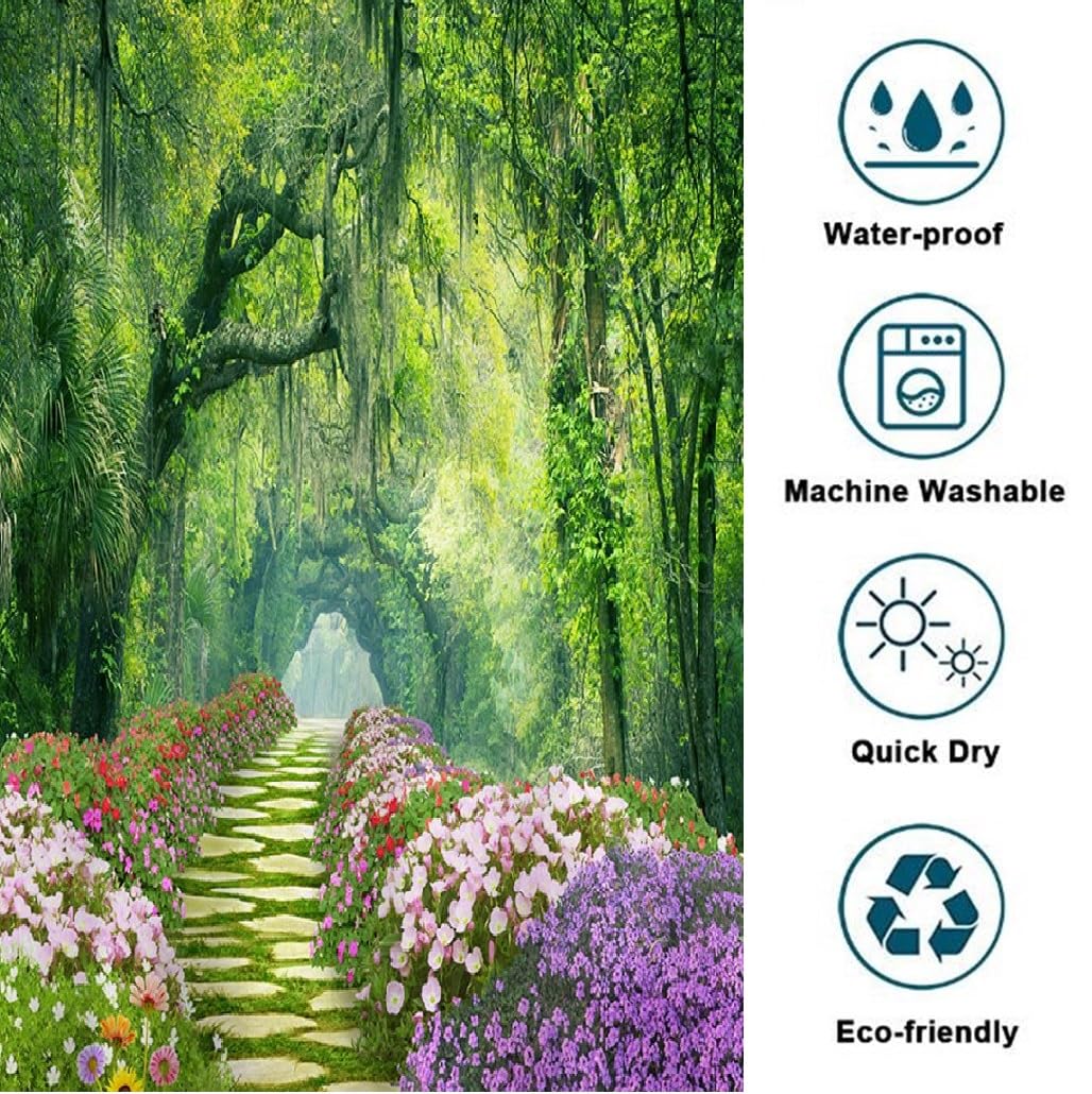 goodbath Garden Shower Curtain, 3D Outdoor Shower Curtains Forest Trees Rose Flowers Floral Anti Mould Waterproof Bath Curtains for Bathroom Wetroom