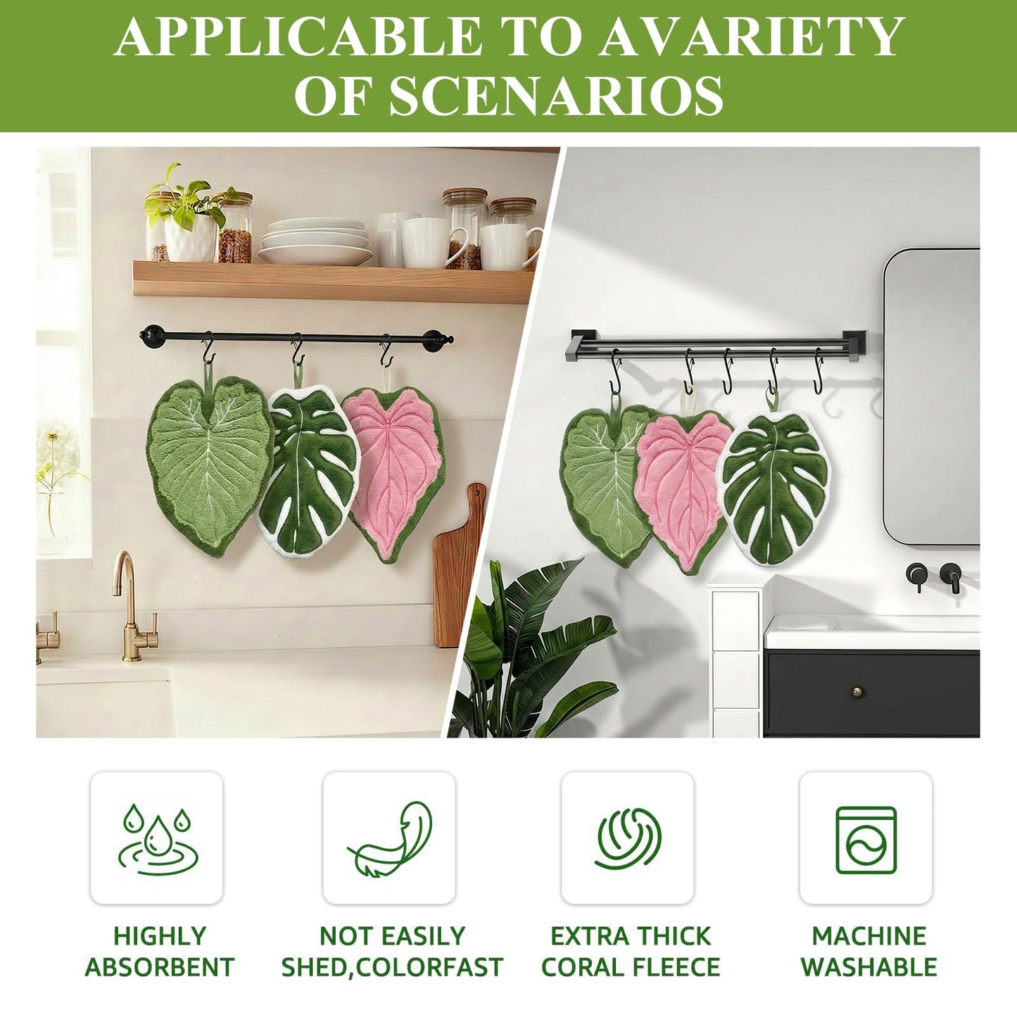 FloralGrace Kreative Blatt Towels 3-Piece Set Hanging Kitchen Cloths, Cute Coral Fleece Tropical Plant Fabric, Absorbent, Quick Drying, And Lint-Free