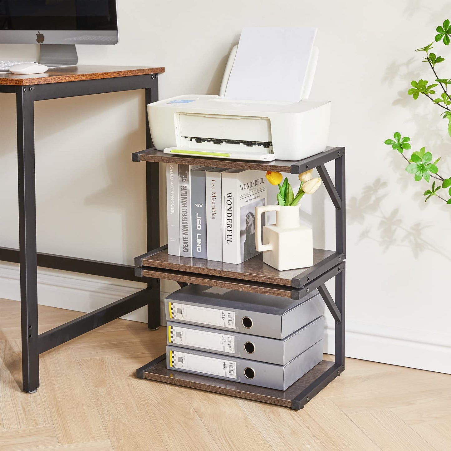 IBUYKE 2-Tier Desktop Printer Stand Holder, Multi-Purpose Desk Organizer Storage Shelf, Book Shelf Printer Shelf for Fax Machine, Scanner, Files