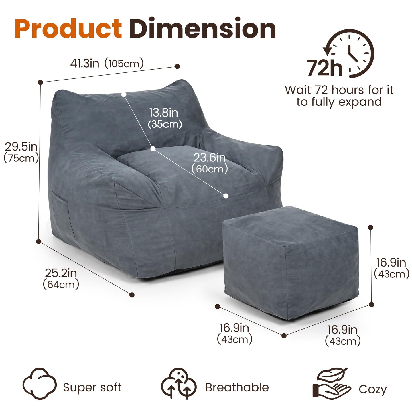 Pamapic Bean Bag, Bean Bag Chair Indoor Outdoor Weather Resistant, Large Beanbag Sofa with Footstool, BeanBag Adult with FIlling Included