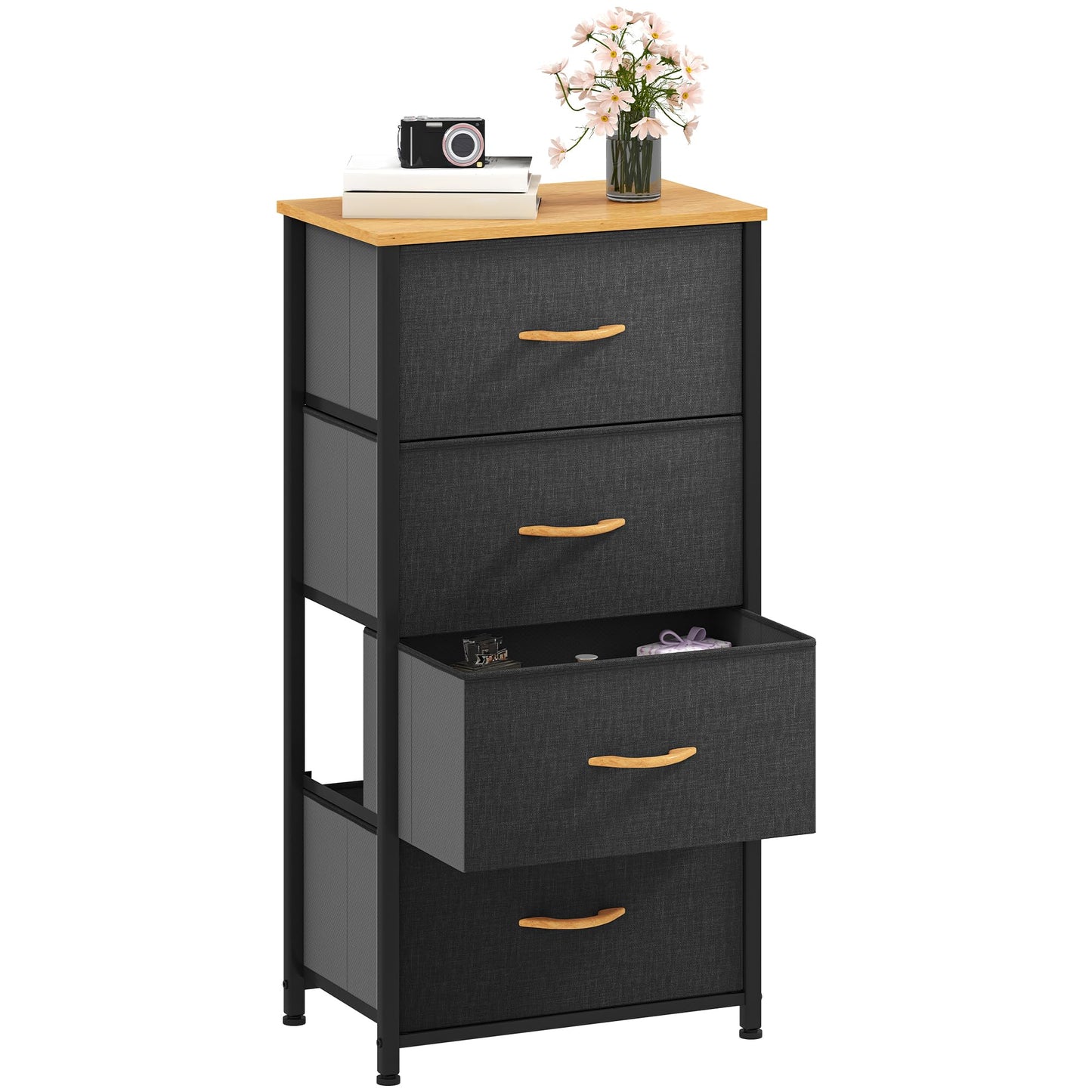DWVO Chest of Drawers, 4 Fabric Drawers Bedroom Cabinet,Dresser for Bedroom,Living Room With Handles,Wood Top and Sturdy Steel Frame, Dark Grey