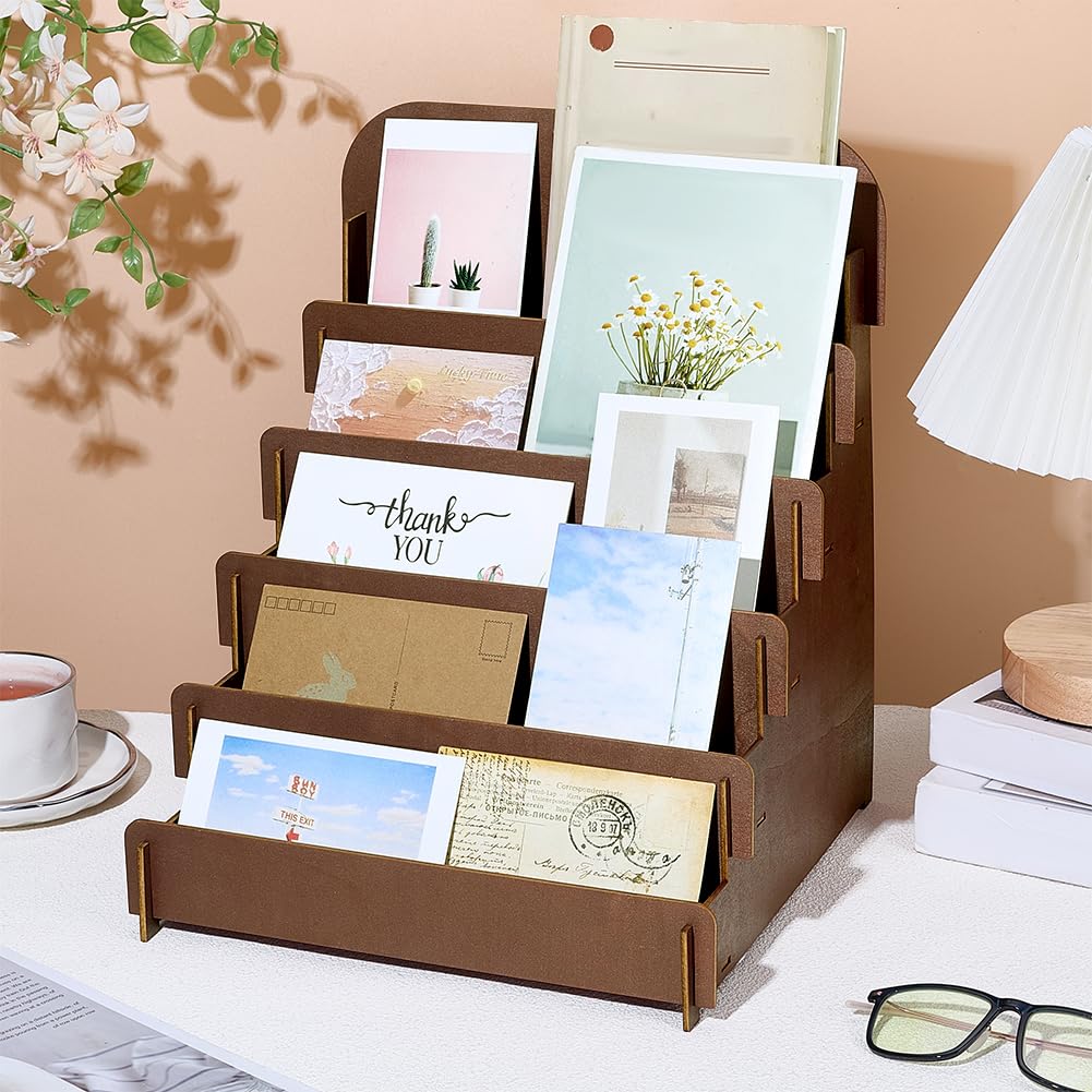 PH PandaHall 5-Tier Greeting Card Display Stand, Brown Wooden Card Holder Stand Postcard Rack for Retail Stores Postcards Stickers Stationery Vendors