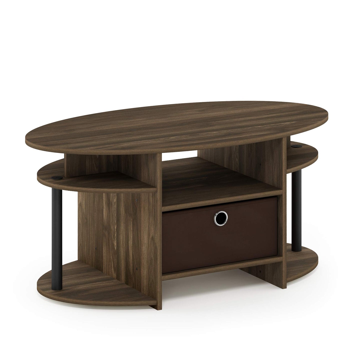 Furinno JAYA Coffee Table, Oval Modern Coffee Table with Shelves and Storage Bin, Side Table, for Living Room, Bedroom, Home Office, Columbia Walnut