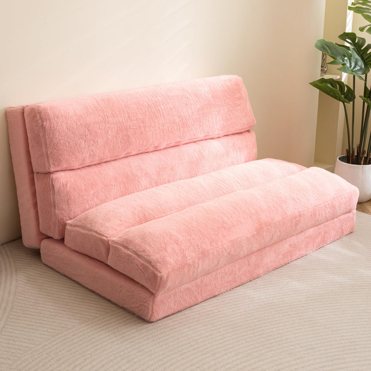 MAXYOYO Bean Bag Bed Folding Sofa Bed Mattress for Adults, Extra Thick 6 Fold Floor Couch for Bedroom Living Room, Pink, 100x240 cm