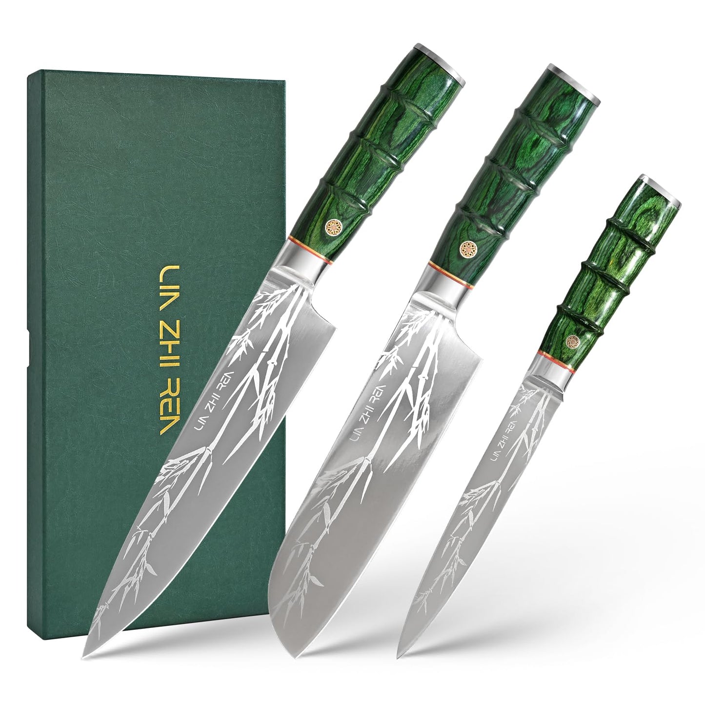 LIN ZHI REN 3-Piece Kitchen Knife Set ? Ultra-Sharp Stainless Steel Chef, Utility & Paring Knives, Non-Slip Bamboo-Pattern Ergonomic Handles