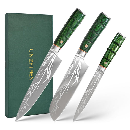 LIN ZHI REN 3-Piece Kitchen Knife Set ? Ultra-Sharp Stainless Steel Chef, Utility & Paring Knives, Non-Slip Bamboo-Pattern Ergonomic Handles