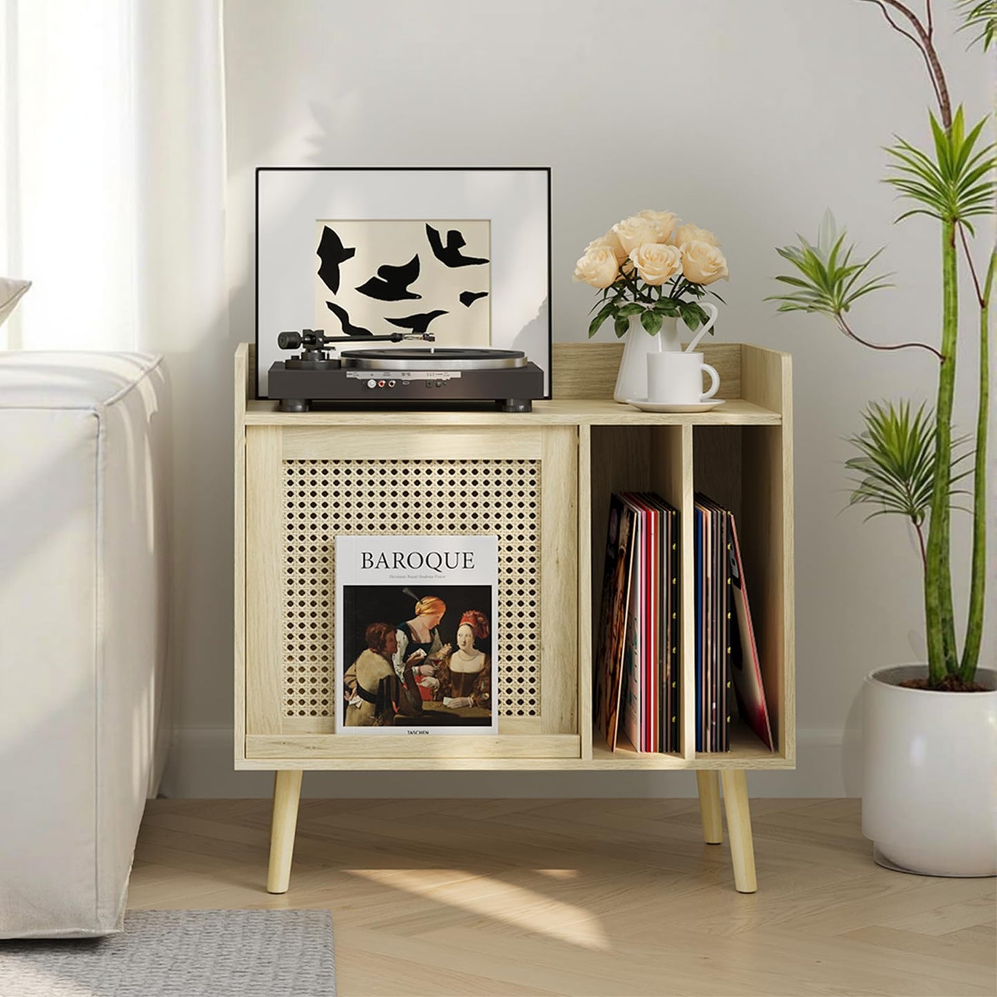 Kiasthome Record Player Stand, Vinyl Record Storage Cabinet Up to 150 Albums, Mid-Century Modern Turntable Side Table with Rattan Door & Solid Wood