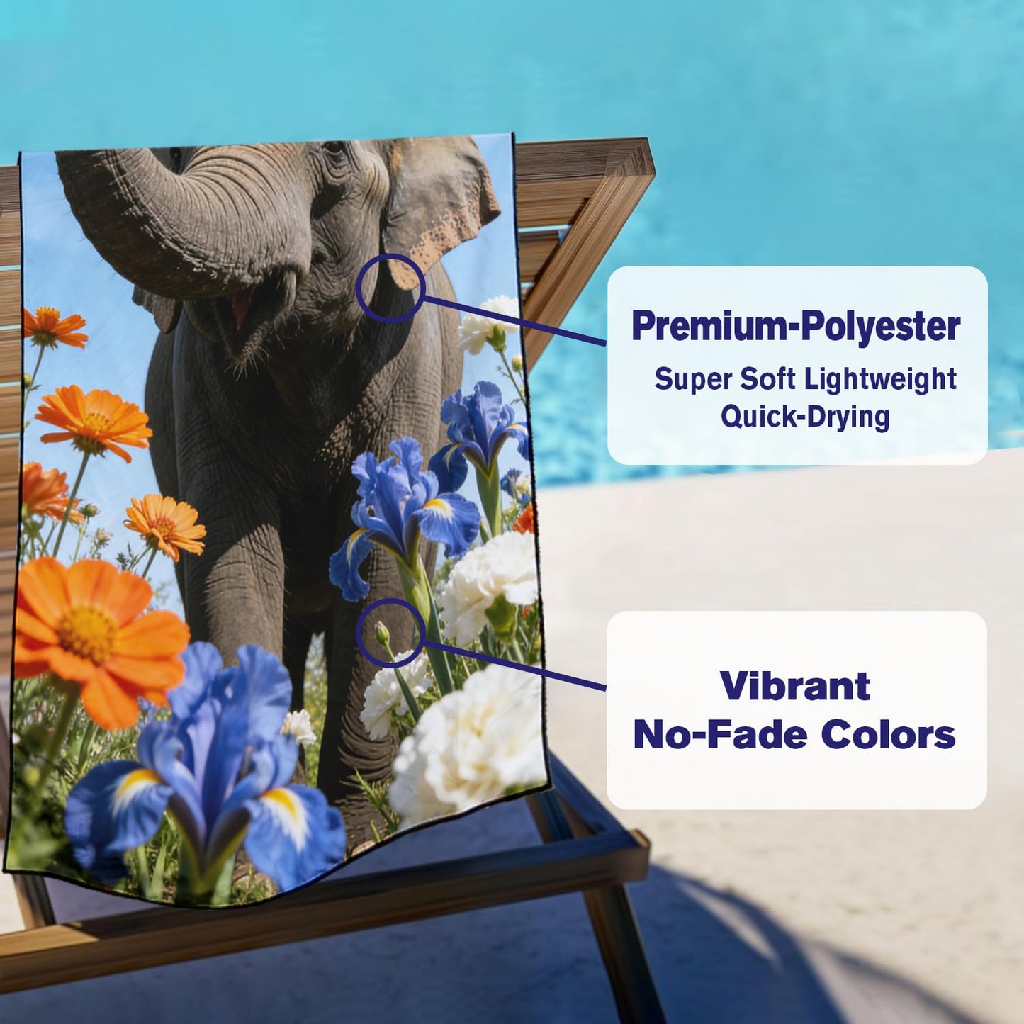 Violetpos Elephant in Irises & Cosmos Beach Towel, Extra Large 180x90 cm 250GSM Microfibre, Sand Free Quick Dry