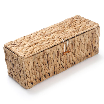 Wicker Bathroom Basket with Lid, Water Hyacinth Toilet Tank Basket with 3 Compartments, Woven Storage Box for Bathroom Organizer 33.5 x 13 x 11.5 cm