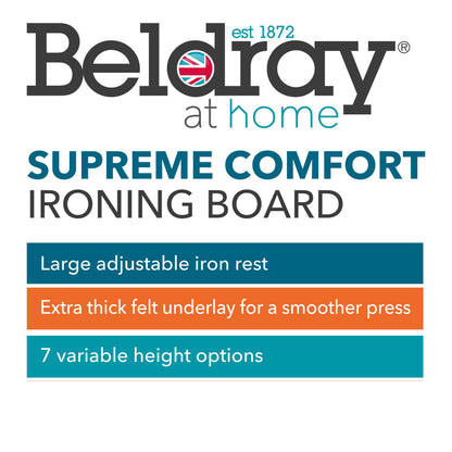 Beldray LA031251PALM1FEU7 Supreme Comfort Ironing Board  Folding Collapsible Table For Compact Storage, Large Adjustable Iron Rest, 7 Heights, Heat