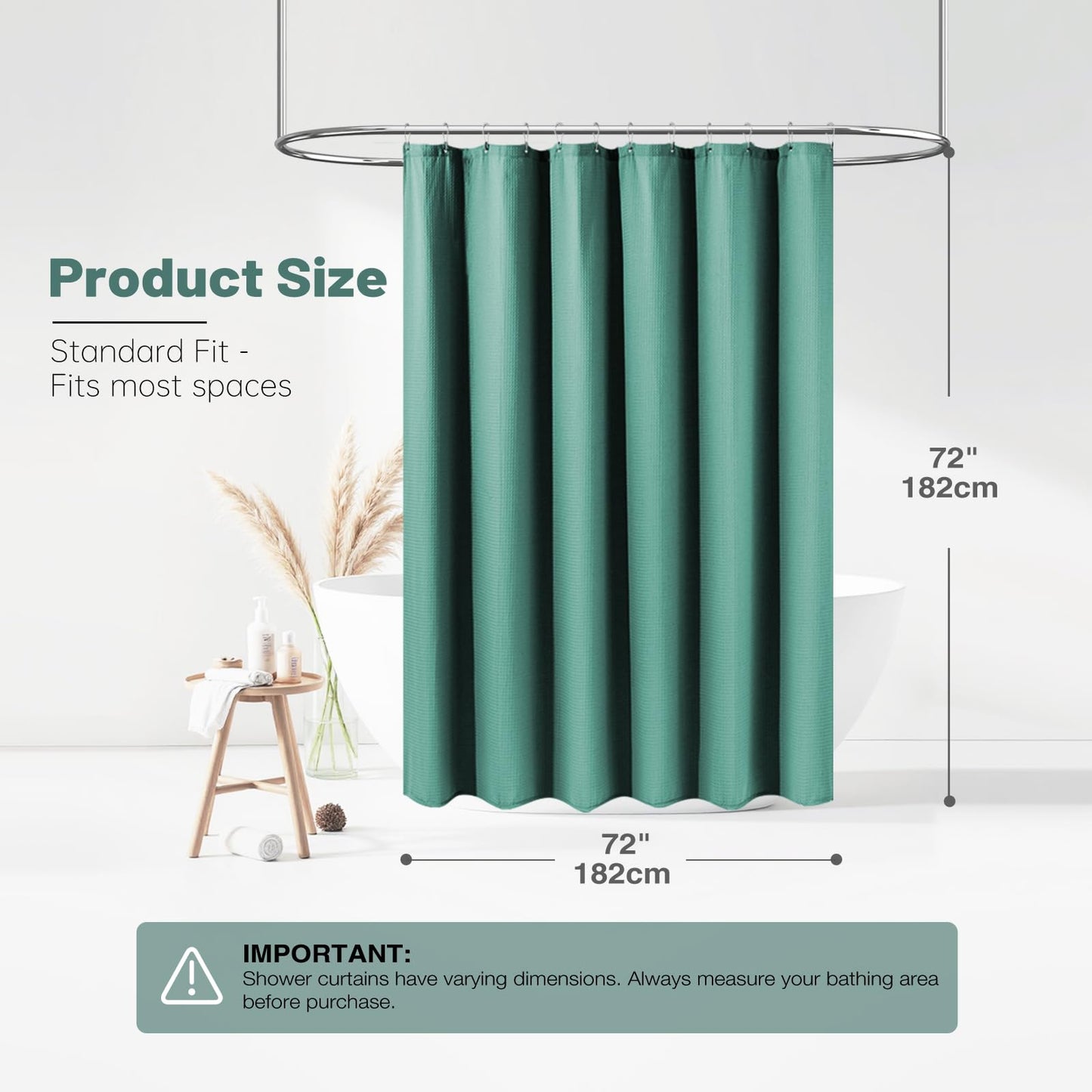 BTTN Waffle Weighted Shower Curtain, Waterproof, 182x182cm, Seaweed Green