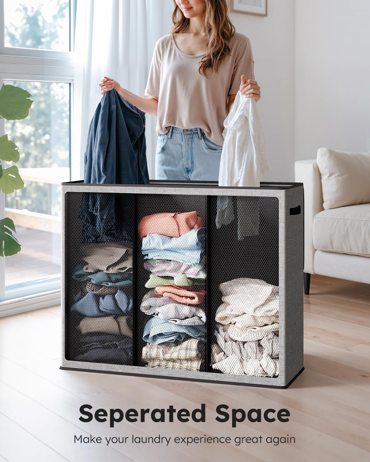 SOLEDI 180L Laundry Basket 3 Section, Extra Large Laundry Hamper with Lid, Dirty Clothes Hamper with Sturdy Handle, Large Laundry Basket Organizer for