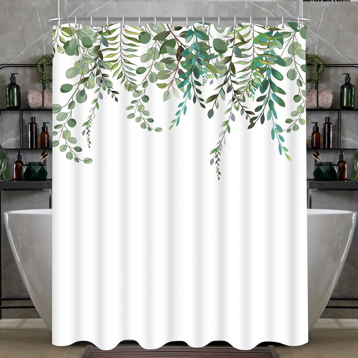 Lerores Shower Curtain, 240 x 180 cm, Green Leaves, Weighted Hem, Anti-Mould Textile, Water-Repellent
