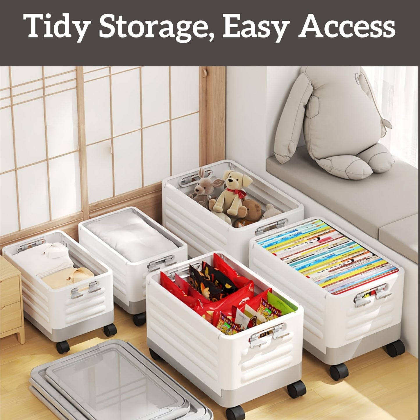 40L Foldable Storage Box with Wheels Heavy Duty Storage Trunk Organiser with Lid 360° Rotating Wheels & Fixed Handle